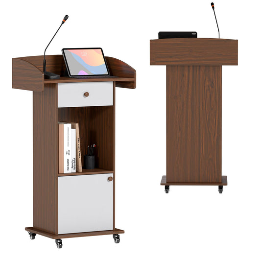 Suuiwau Mobile Wooden Podium Stand with Metal Wheels, Portable Pulpit with Drawer and Storage Cabinet, Built-in Cable Hole Lectern for Office Classroom Lecture Restaurant Church (Brown White)