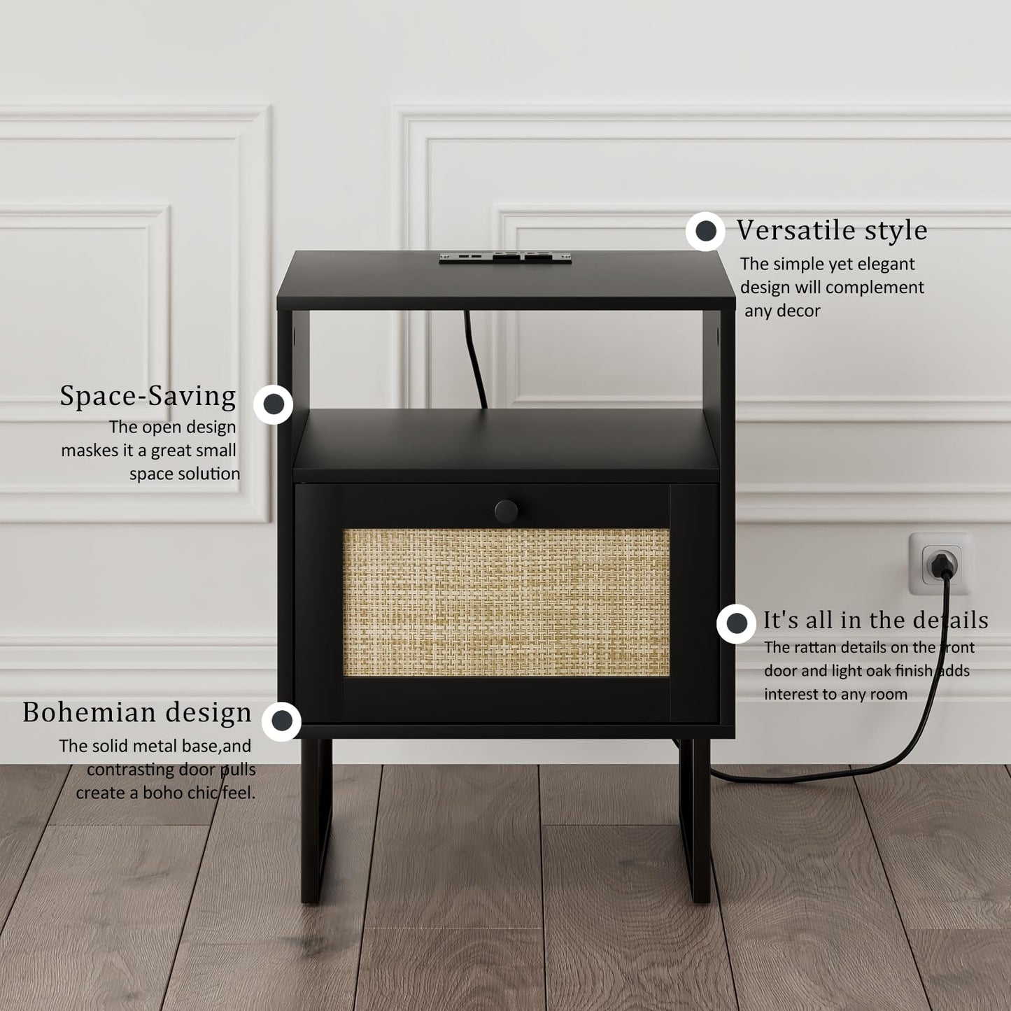 Masupu Rattan Nightstand with Charging Station,Modern Boho Farmhouse Wood Bedside Table with Storage Drawer and Open Shelf,Small Black Frame Side End Table for Bedroom,Living Room,Office (Black)