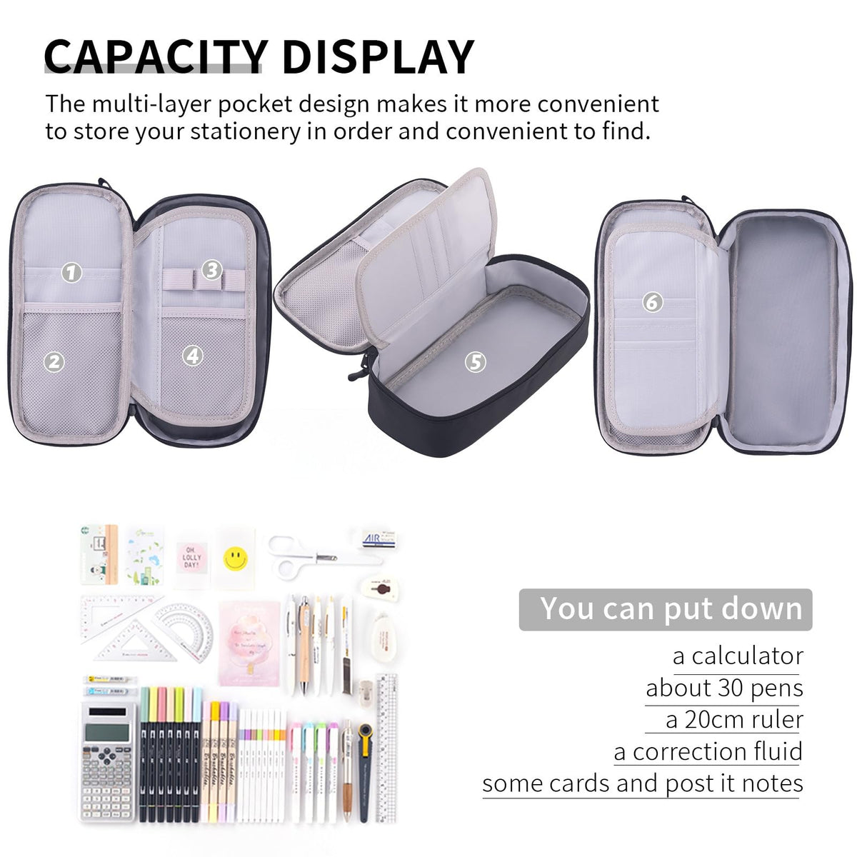 CICIMELON Durable Pen Pencil Case for School Supplies, High Capacity Pencil Bag Pouch Organizer for Teen Girls Boys Adults, Black