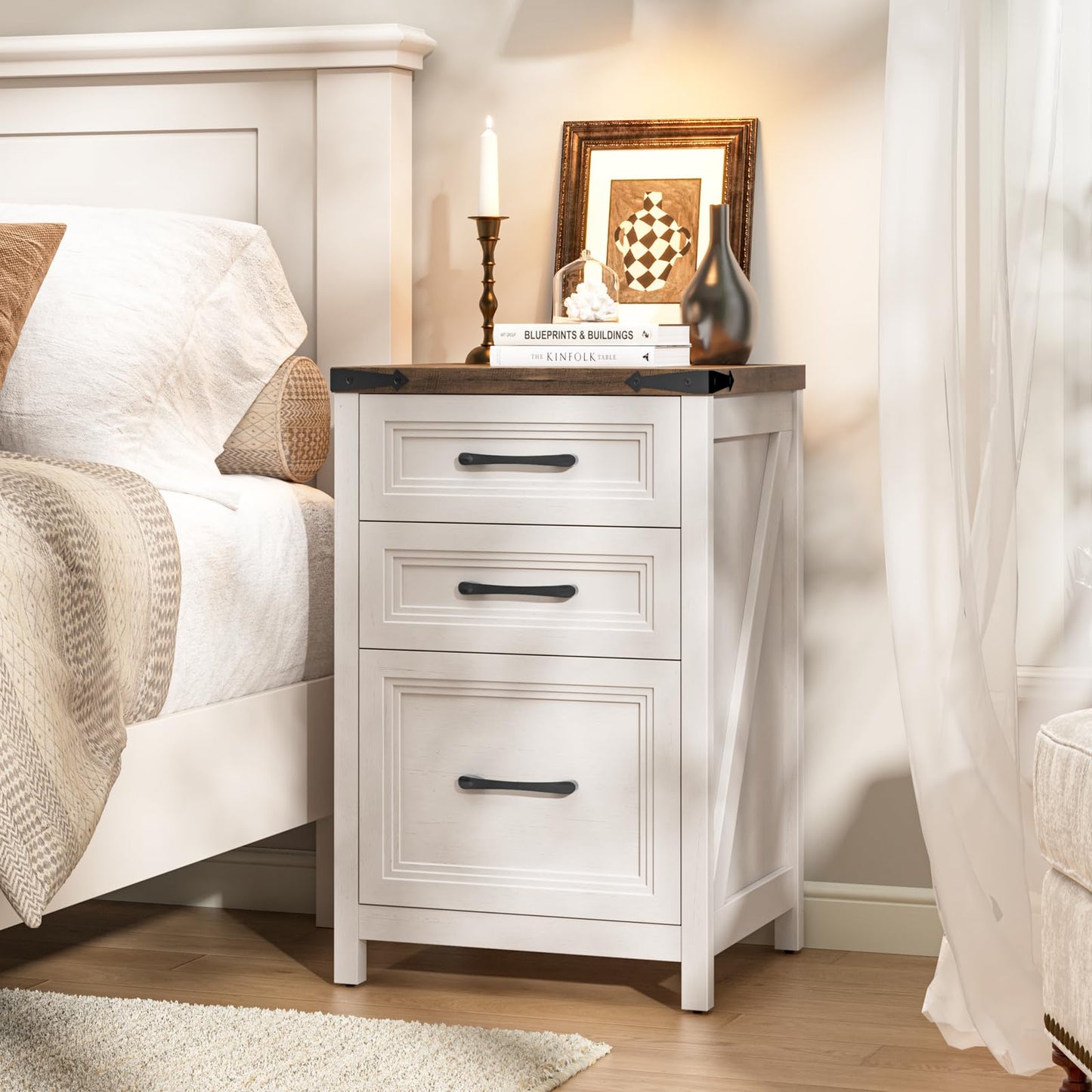 Vabches 3 Drawer Vertical File Cabinet, Wood Farmhouse Filing Cabinet Fits A4/Letter Size, Under Desk Small File Cabinets Printer Stand with Storage for Home Office, White and Brown