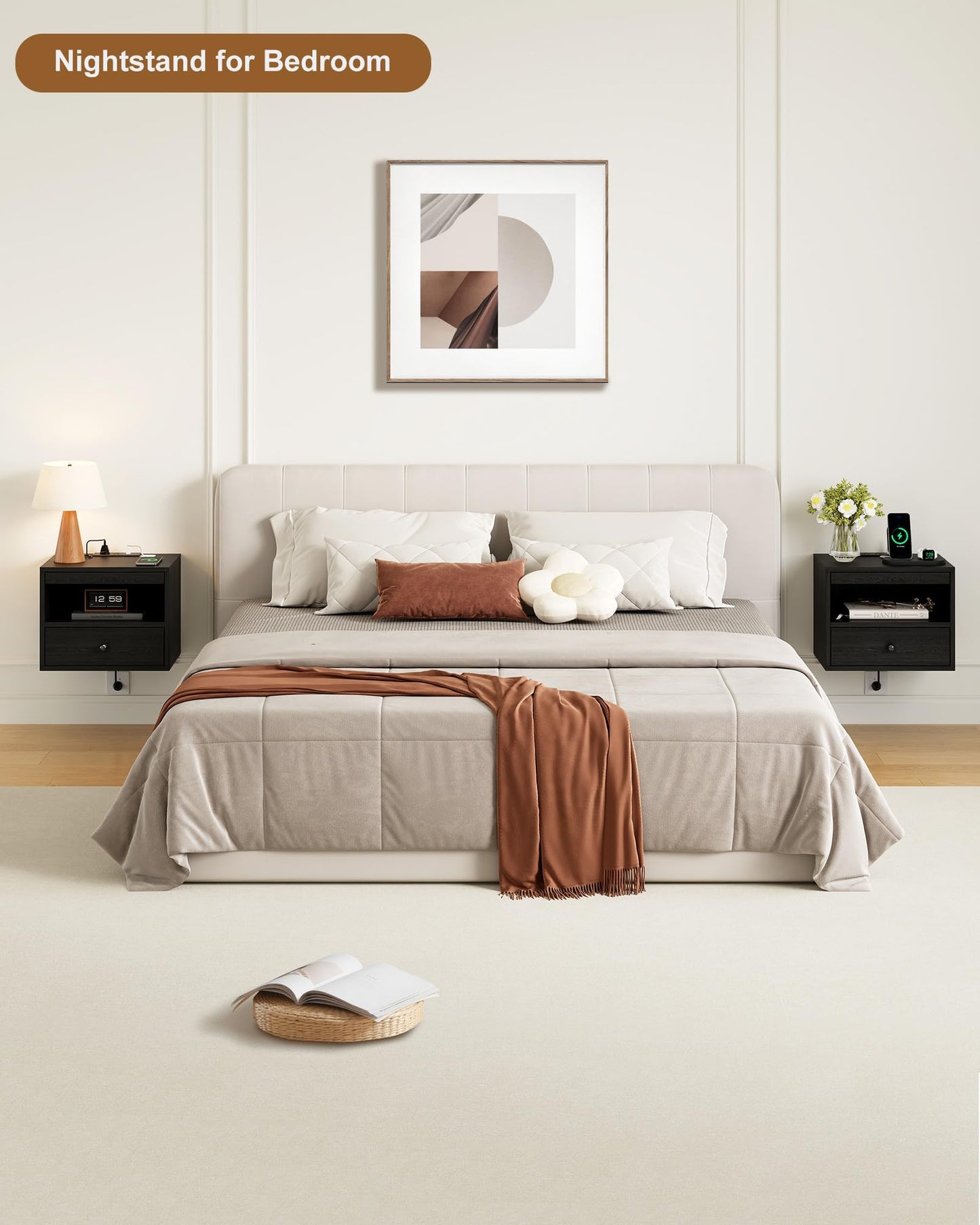 Floating Nightstand with Charging Station,Modern Bedside Table with Drawers and Extension Panel, Small Wall Mounted Nightstands for Bedroom Room，Floating Sofa Side Table（ Black ）