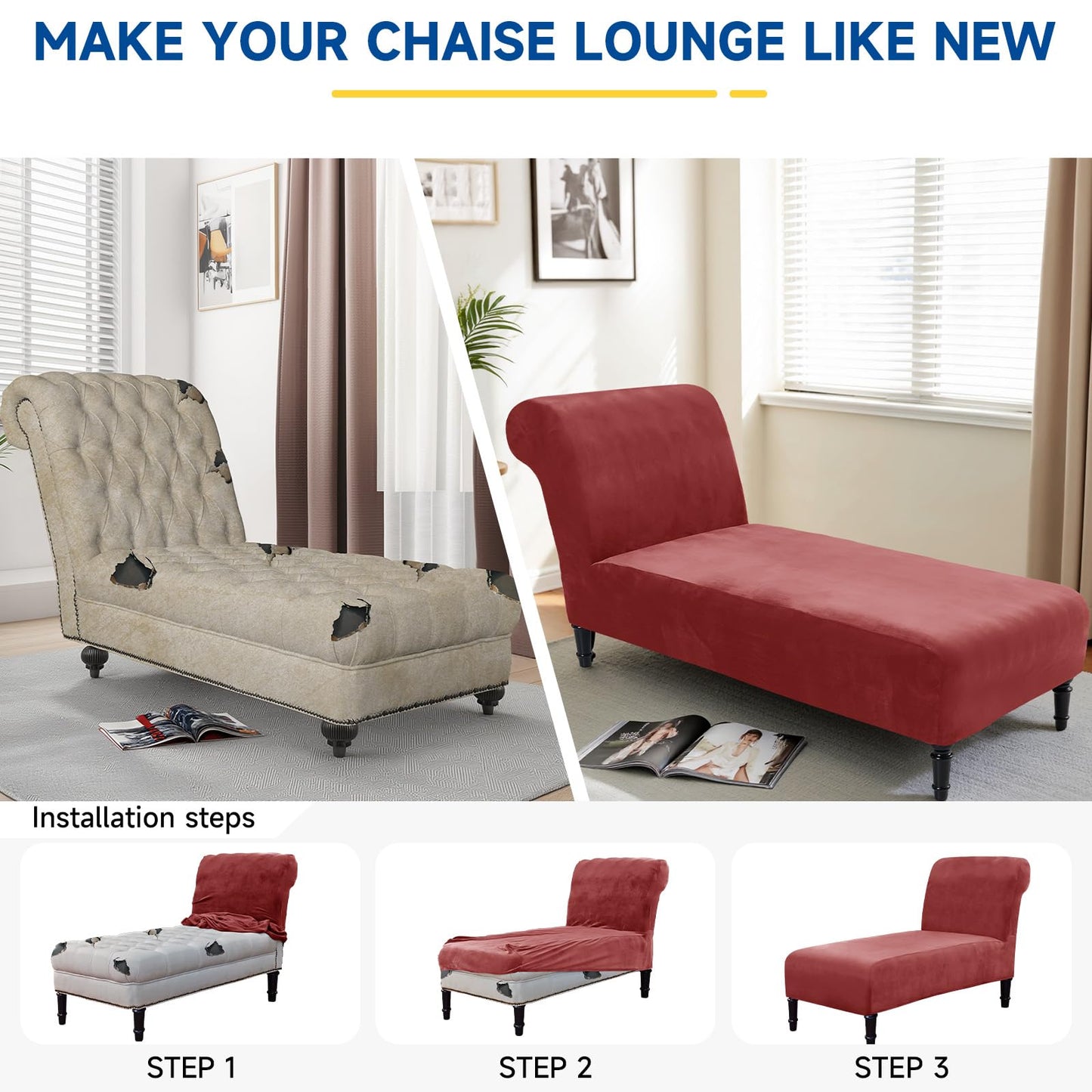 FondleFeeling Velvet Chaise Lounge Cover Indoor Armless Chaise Slipcover Luxury High Stretch Ultra Soft Lounge Chair Covers Modern Machine Washable Chair Cover for Living Room Bedroom Furniture, Red