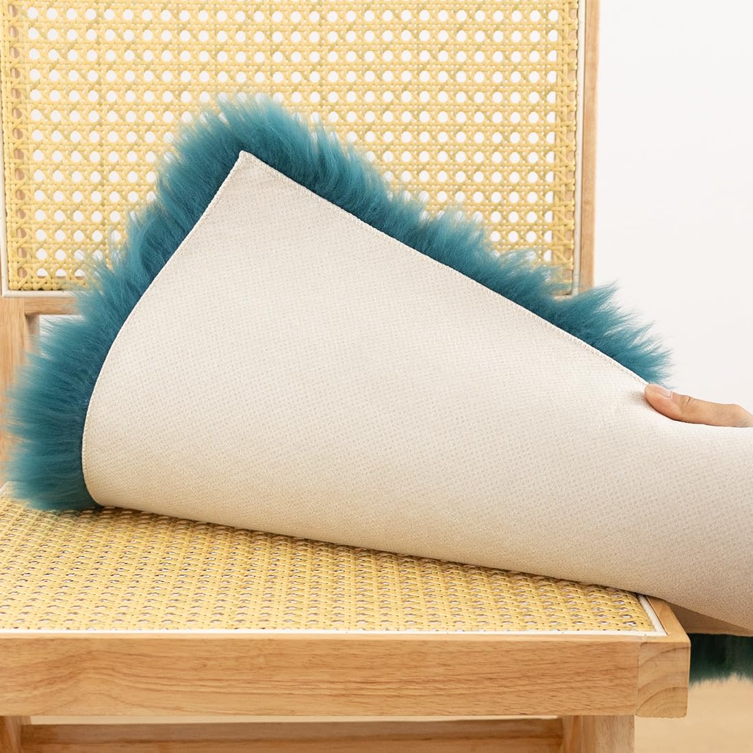 LLB Sheepskin Chair Covers Office Chair Cushion Dining Room Chair Pads Desk Chair Seat Cushion for Computer Chair Fur Area Rugs for Living Room 18x18 Inch (Pack of 1), Peacock Blue