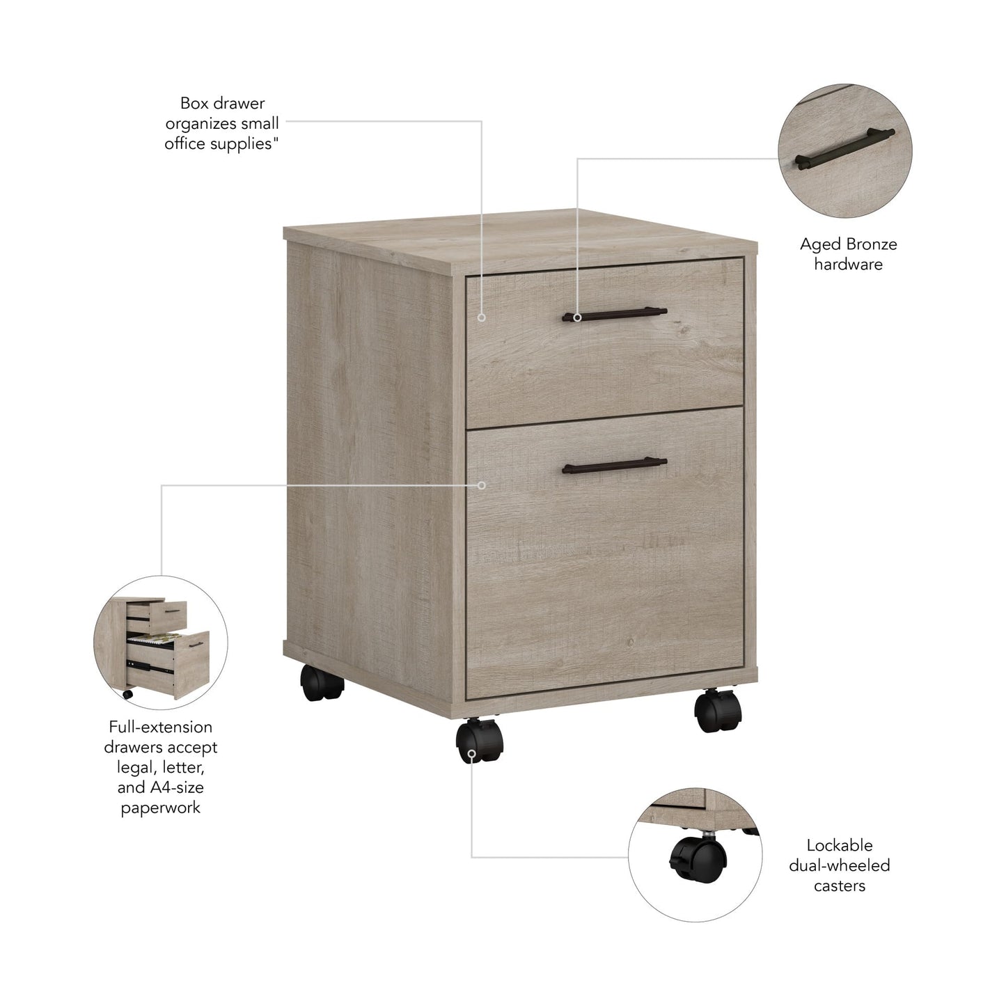 Bush Home Key West 2 Drawer Mobile File Cabinet, Rolling File Cabinet for Home Office