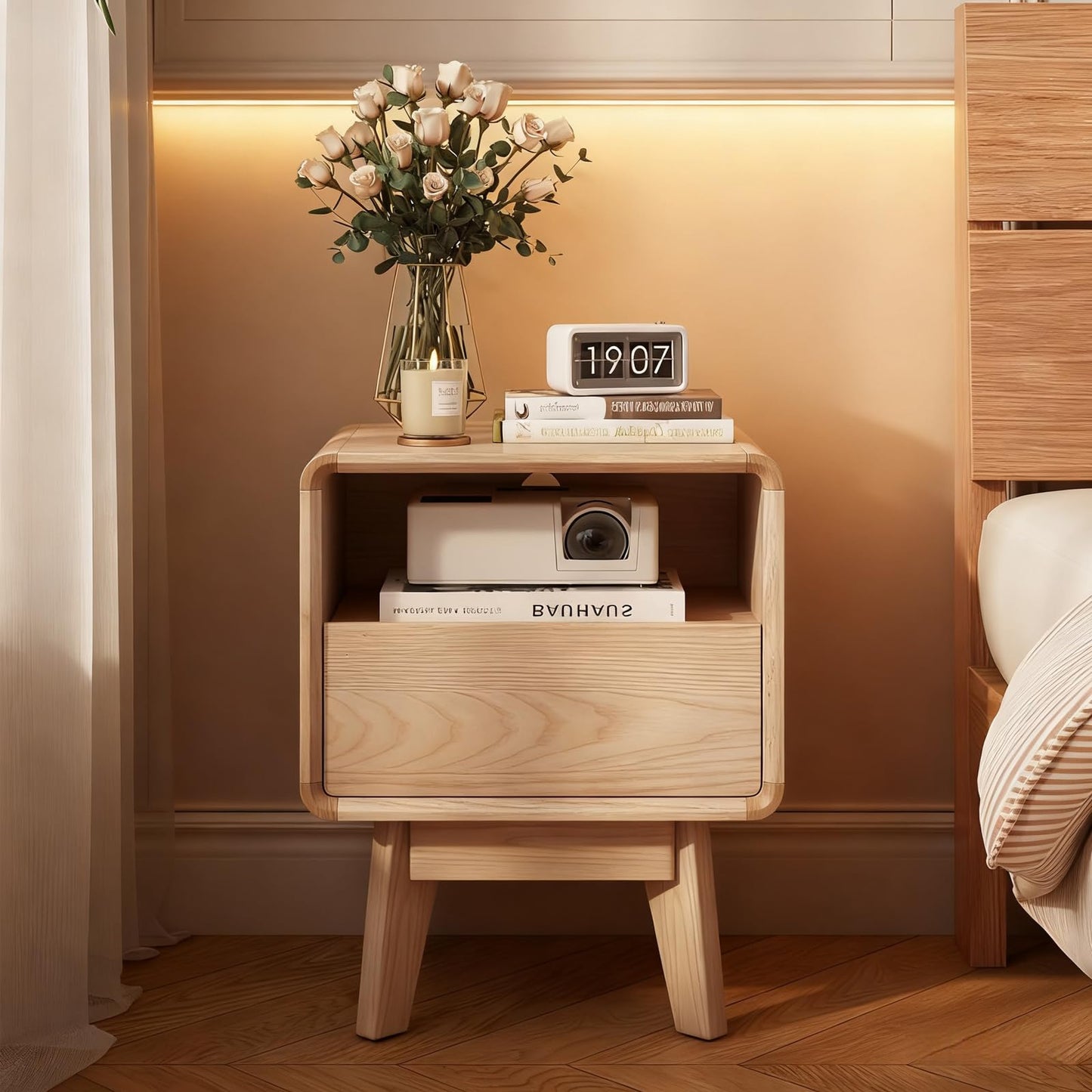 NKGIAG 100% Solid Wood Nightstand, Mid-Century Modern Night Stand with Drawer & Open Shelf, Compact Bedside Tables for Bedroom, Office, Small Spaces, Light Natural Finish, Pre-Assembled