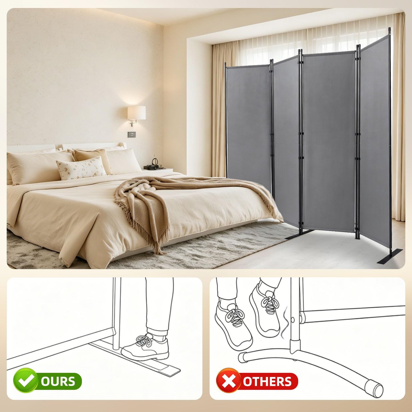 Room Divider and Folding Privacy Screens, Wide Room Divider Wall Screen for Room Separtition, Partition Room Dividers Fabric Panel Wall Dividers Freestanding for Office (Grey, 4 Panel-88'' Wide)