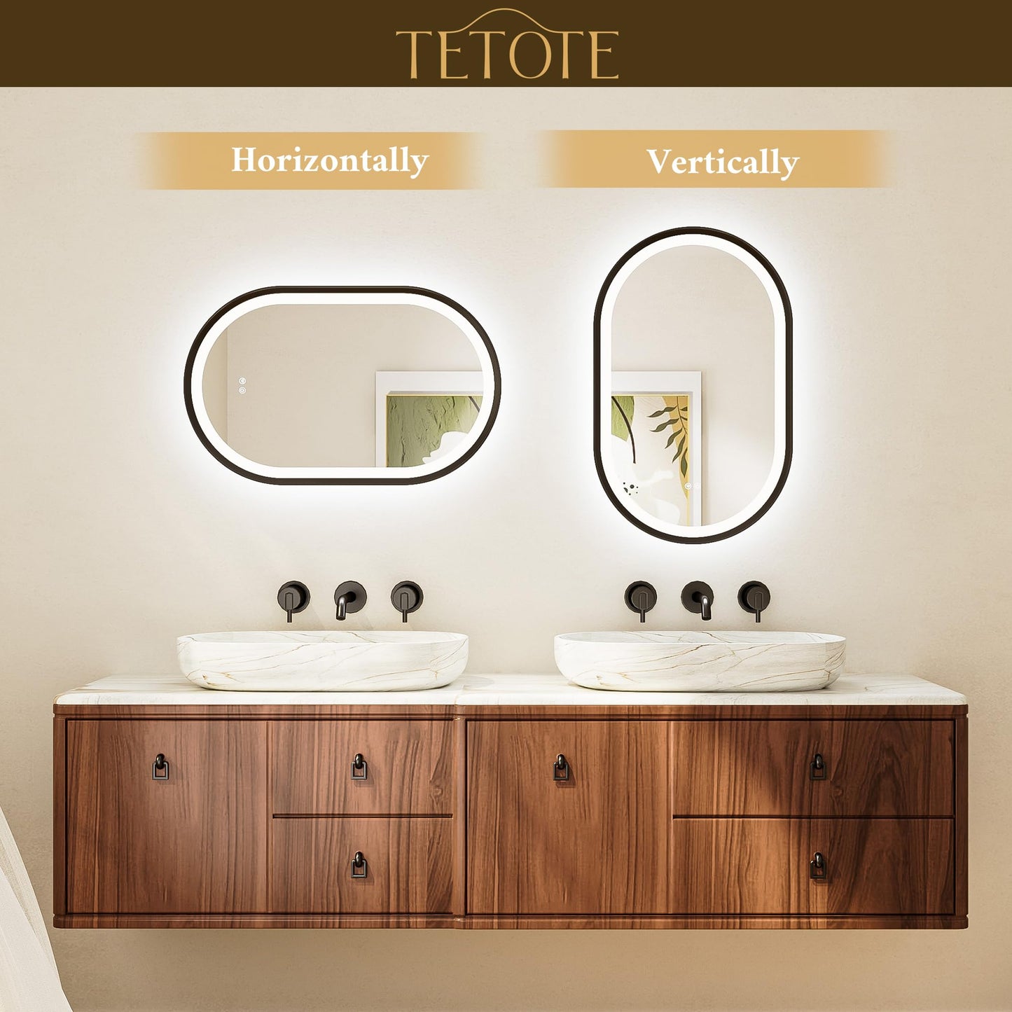 TETOTE Oval Led Lighted Bathroom Mirror Matte Black Frame 20" x 32" Front and Backlit Oval Light up Vanity Mirror with Lights, 3 Color Illuminated Dimmable Anti Fog Wall Mount, IP54 CRI 90+