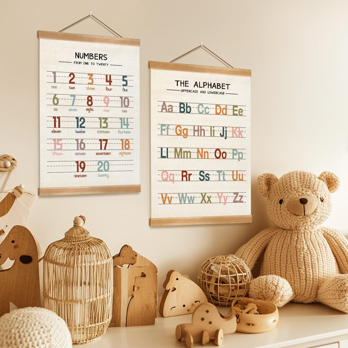 ZTGDA Alphabet Numbers Wall Art Poster Set of 2,ABC Banner Poster, Letter and Numbers Banner Wall Hanging for Playroom Nursery Classroom Decor,Teachers Mstu Haves 12x16inch(123&ABC-01)