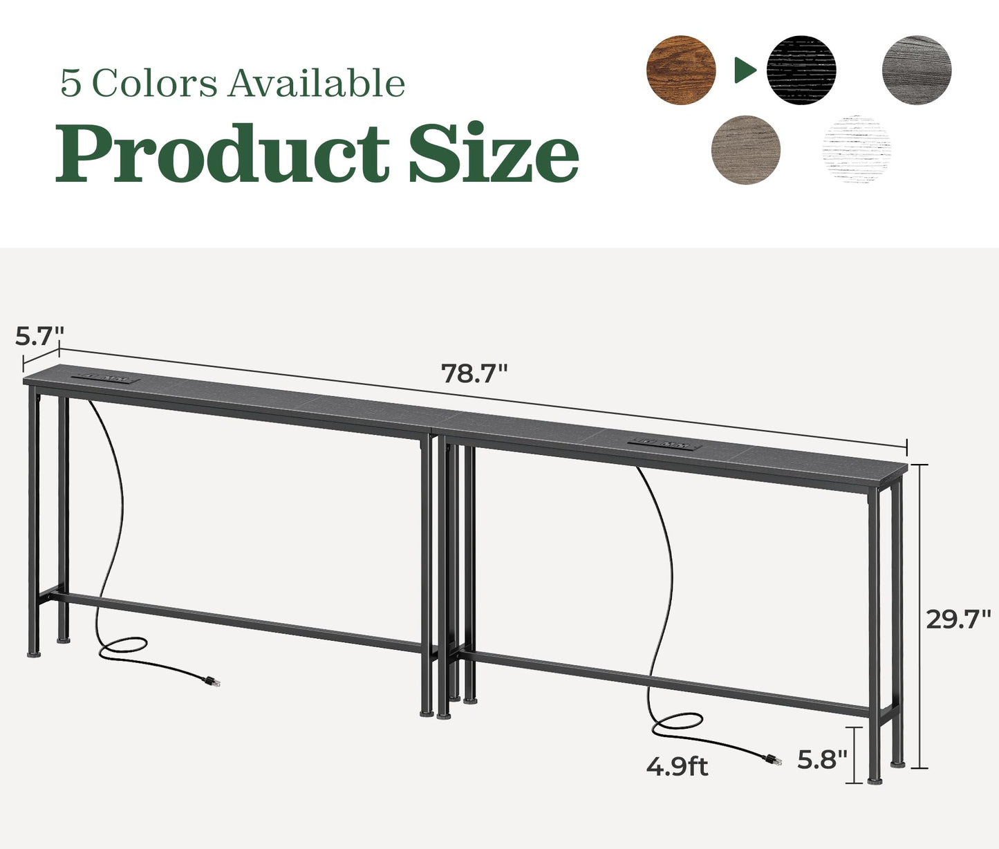 SUPERJARE 78.8 Inch Narrow Console Table with Outlet, Sofa Tables, Behind Couch Table, Long Entryway Tables with Charging Station, for Living Room, Black