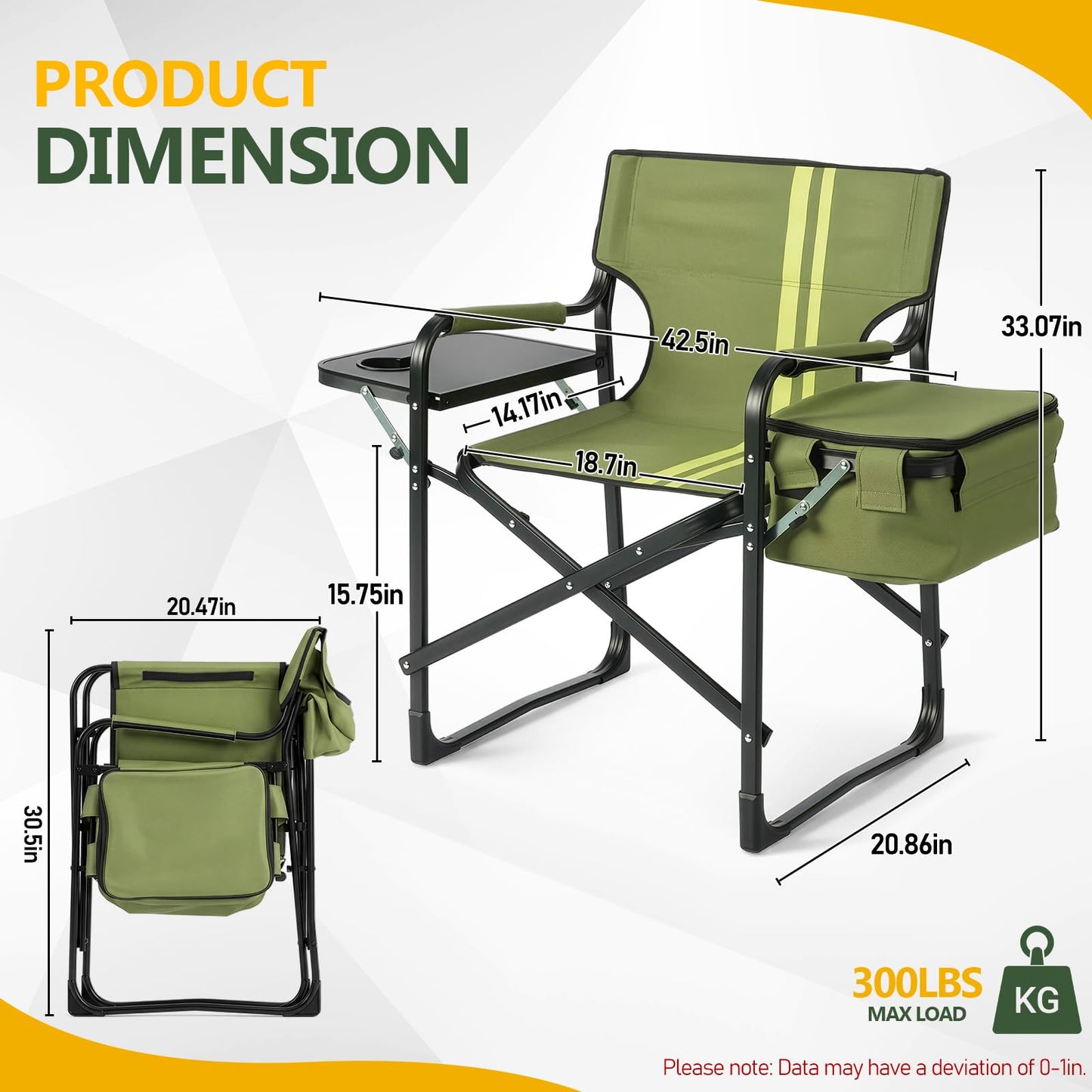 Outvita Heavy Duty Folding Camping Director Chair with Insulated Cooler Bag, Side Table & Cup Holder, 300LBS Sturdy Portable Chair for Camping Fishing Tailgating Backyard BBQ