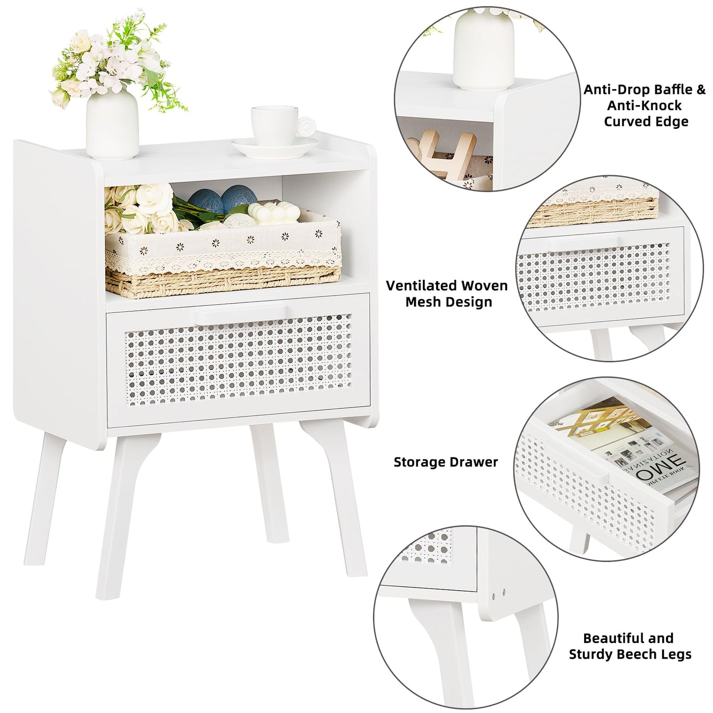 Lerliuo Rattan Nightstands Set of 2, Side Table with Drawer Open Shelf, Cane Accent Bedside End Table with Solid Wood Legs, Mid Century Modern Night Stand for Bedroom, Dorm and Small Spaces (White)
