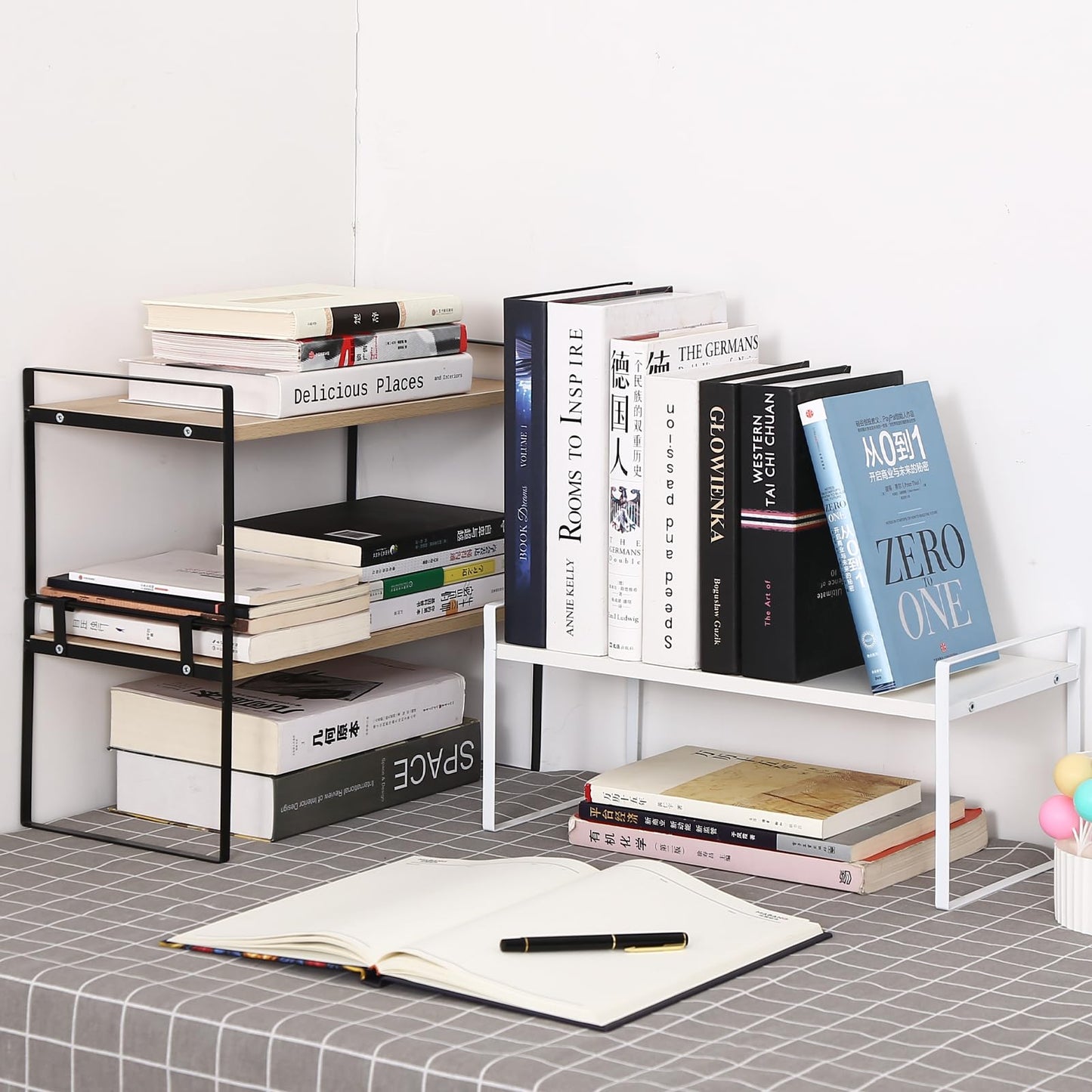 Desk Shelf Organizer for Top of Desk, Detachable 2 Tier Desktop Bookshelf, Wooden Desk Shelves Storage Rack, Small Desktop Shelf for Office Home Dorm, Tabletop Desk Organizer Stand (White+White)