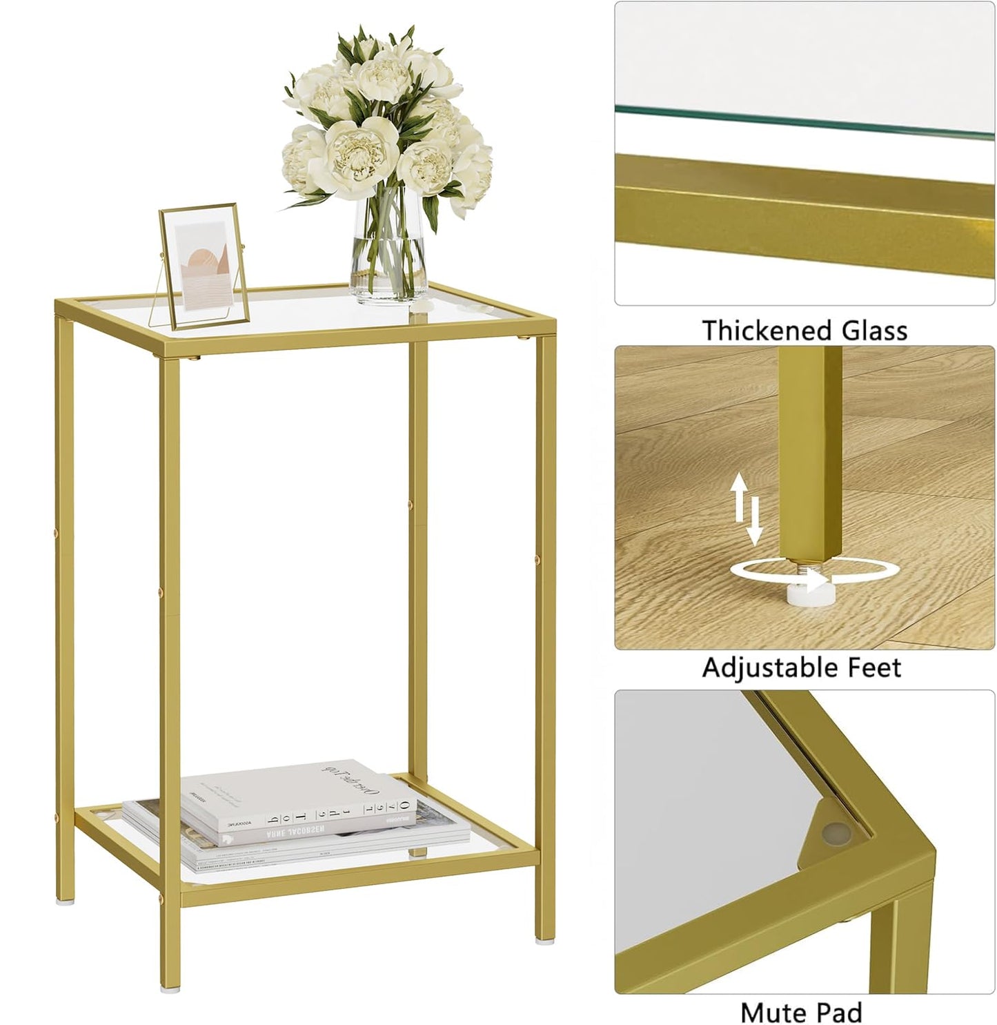 HOMSHO Side Tables Set of 2, End Tables with Tempered Glass, 2-Tier Nightstands with Storage Shelves, Coffee Table with Modern Style, Slim Sofa Table for Living Room, Bedroom, 11.8" D x 15" W, Gold