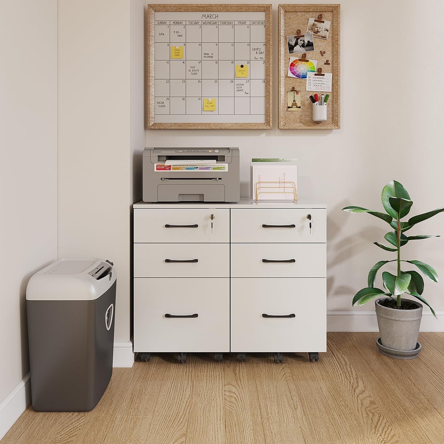 ALBSL File Cabinet With Lock, 3 Drawer Wood Rolling Filing Under Desk for Home Office, Storage Fits Letter/A4 Size, Mobile Printer Stand, White