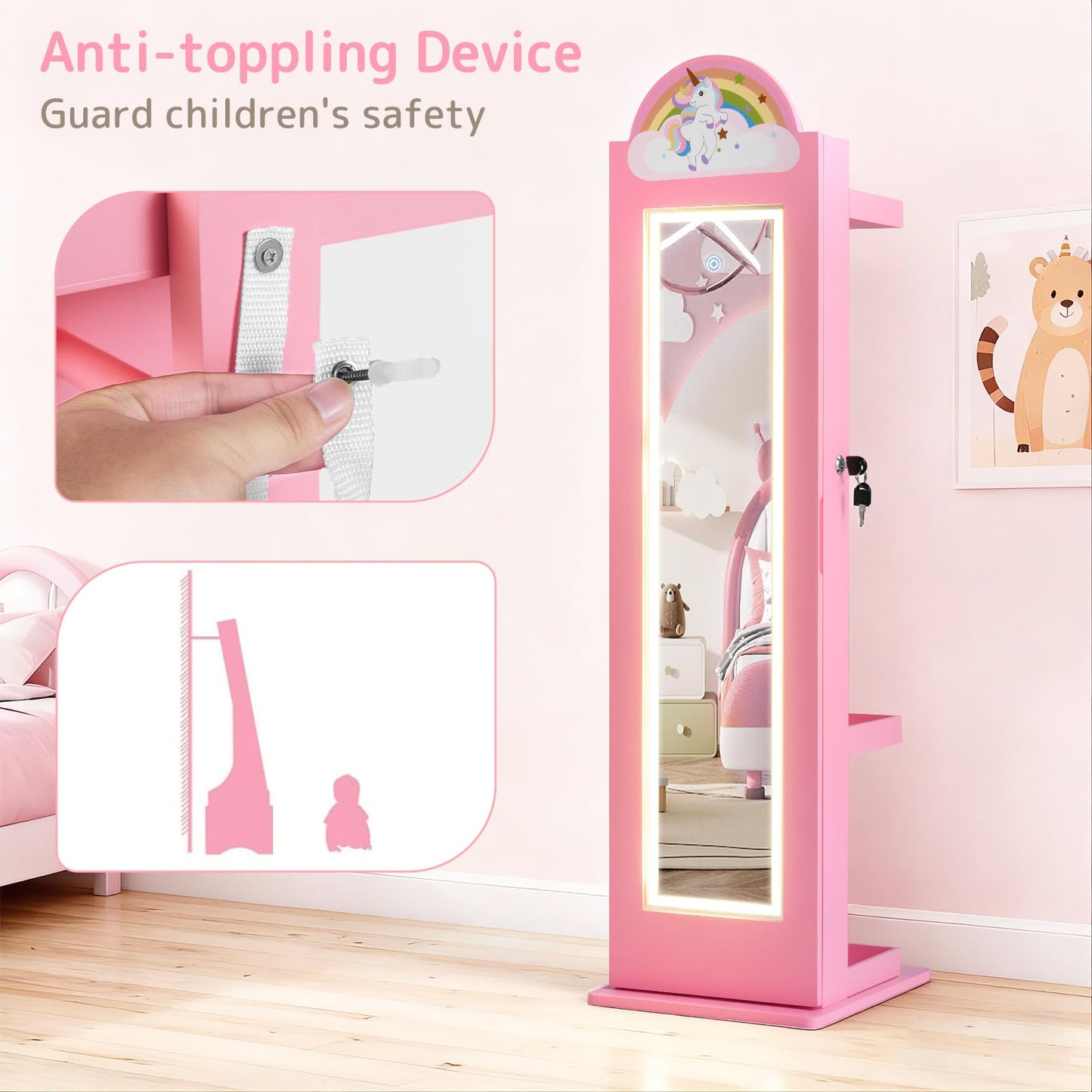 INFANS Kids Jewelry Armoire Cabinet with LED Lights, Lockable Standing Organizer with Full-length Mirror, Unicorn Theme Children Vanity Dress Up Storage Rack for Girls