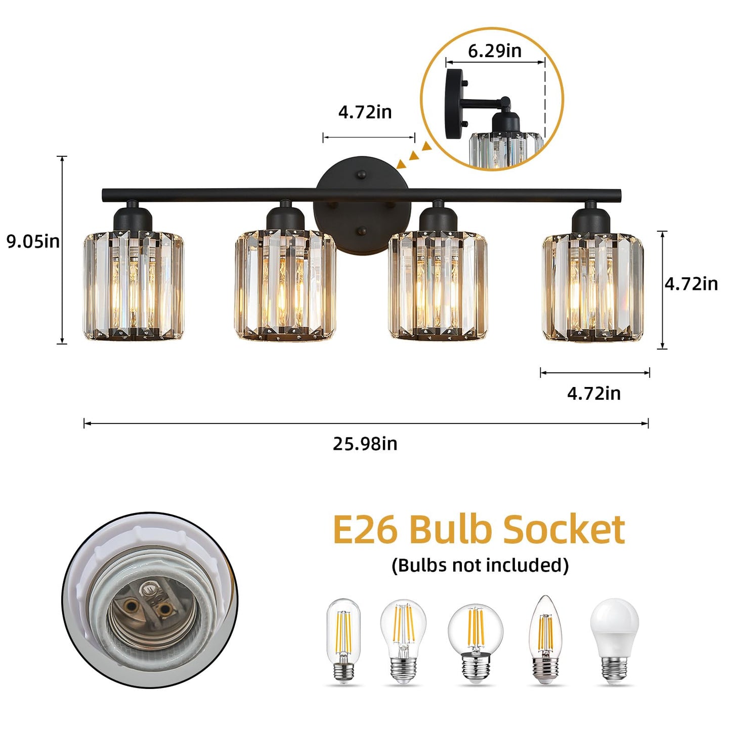 FDPBY Modern 4 Light Crystal Vanity Light, Black Vertical Bathroom Light Fixture Over Mirror for Dressing Table Sink, Compatible with Dimmable Bulbs (Bulbs Not Included)