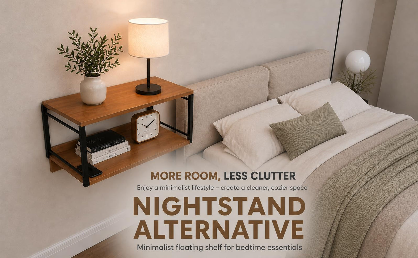 Wall Mounted Nightstand with Storage Shelf, Floating Bedside Table with Hooks, Space-Saving Modern Nightstand for Bedroom, Dorm Room, or Small Spaces