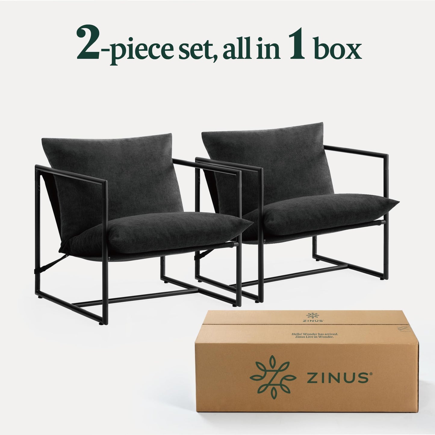Zinus Aidan Sling Accent Chair, Pack of 2, Metal Framed Armchair with Shredded Foam Cushioning, Black