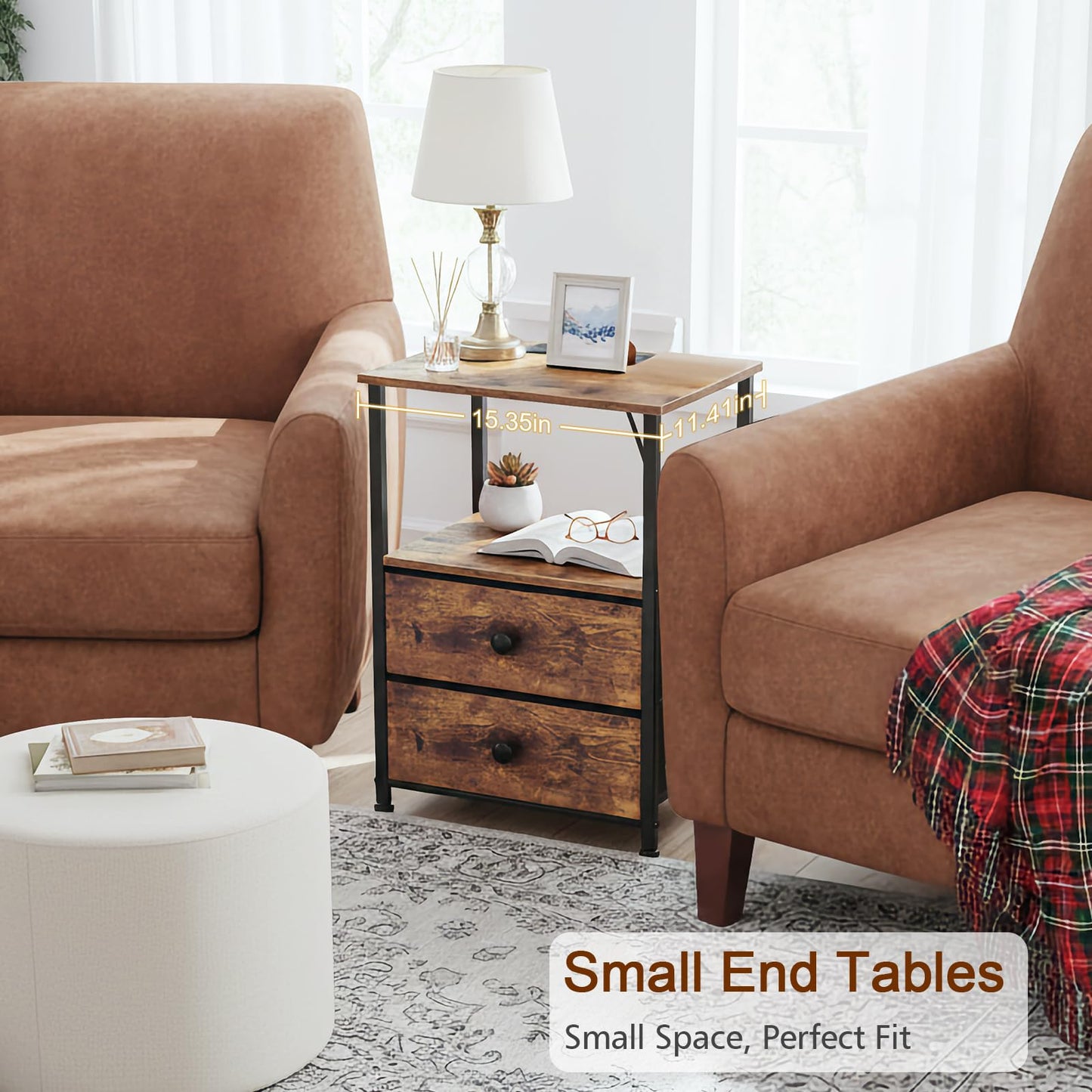 LOAKEKEL Nightstands Set of 2, Night Stand with Charging Station, End Tables with Storage Shelf for Small Spaces, Bedside Table with 2 Fabric Drawers for Bedroom, Rustic Brown, HETS020PBR