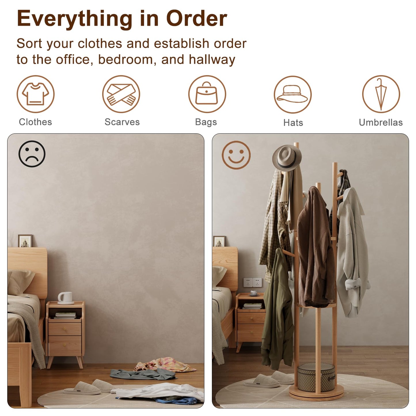 Muwuele Solid Wood Rotary Coat Rack, Freestanding Coat Rack with 3 Shelves and 9 Hooks, Coat tree for Bedroom, Entryway, Livingroom, Coat Hanger Stand for Coats, Scarves, Handbags (Natural)