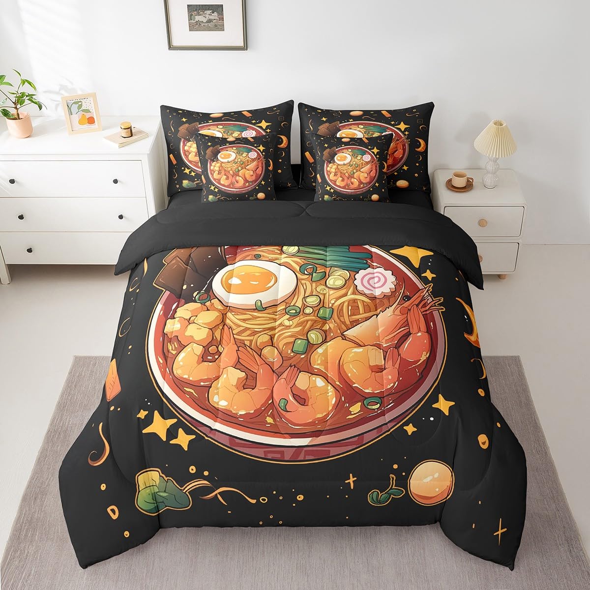Erosebridal 7 Piece Ramen Noodle Queen Comforter Set,Japanese Anime Bedding Set Ramen Gifts for Kids Girls Boys,Funny Food Themed Bed Set with Fitted+Flat Sheet,Pillowcases,Throw Pillow Covers