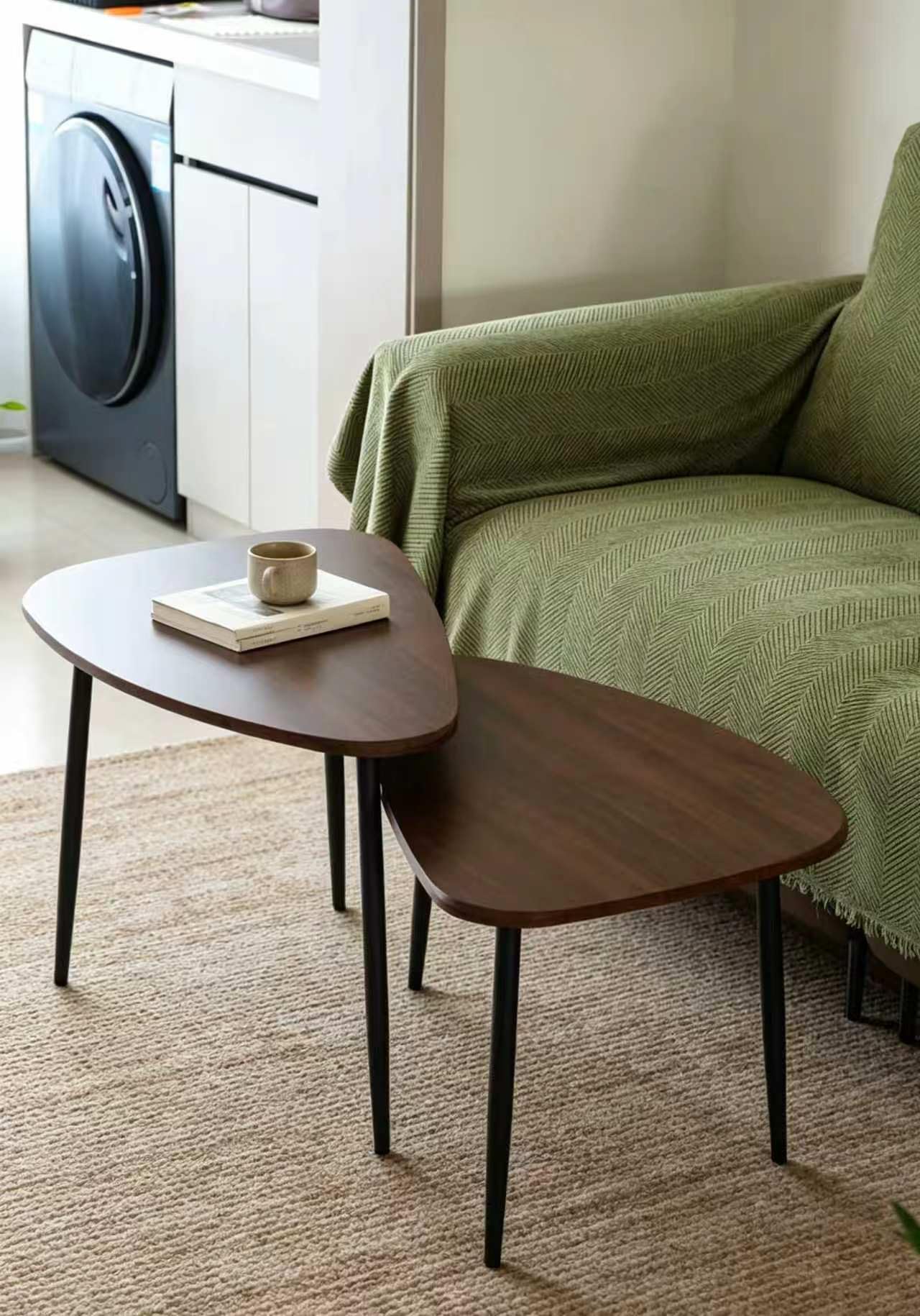 Nesting Coffee Table Set of 2 Coffee Tables Nesting Tables for Living Room Wooden Small Table Triangle Walnut Mid-Century Modern