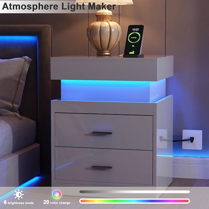 ChooChoo LED Nightstand with Charging Station, Smart Night Stand with Sliding