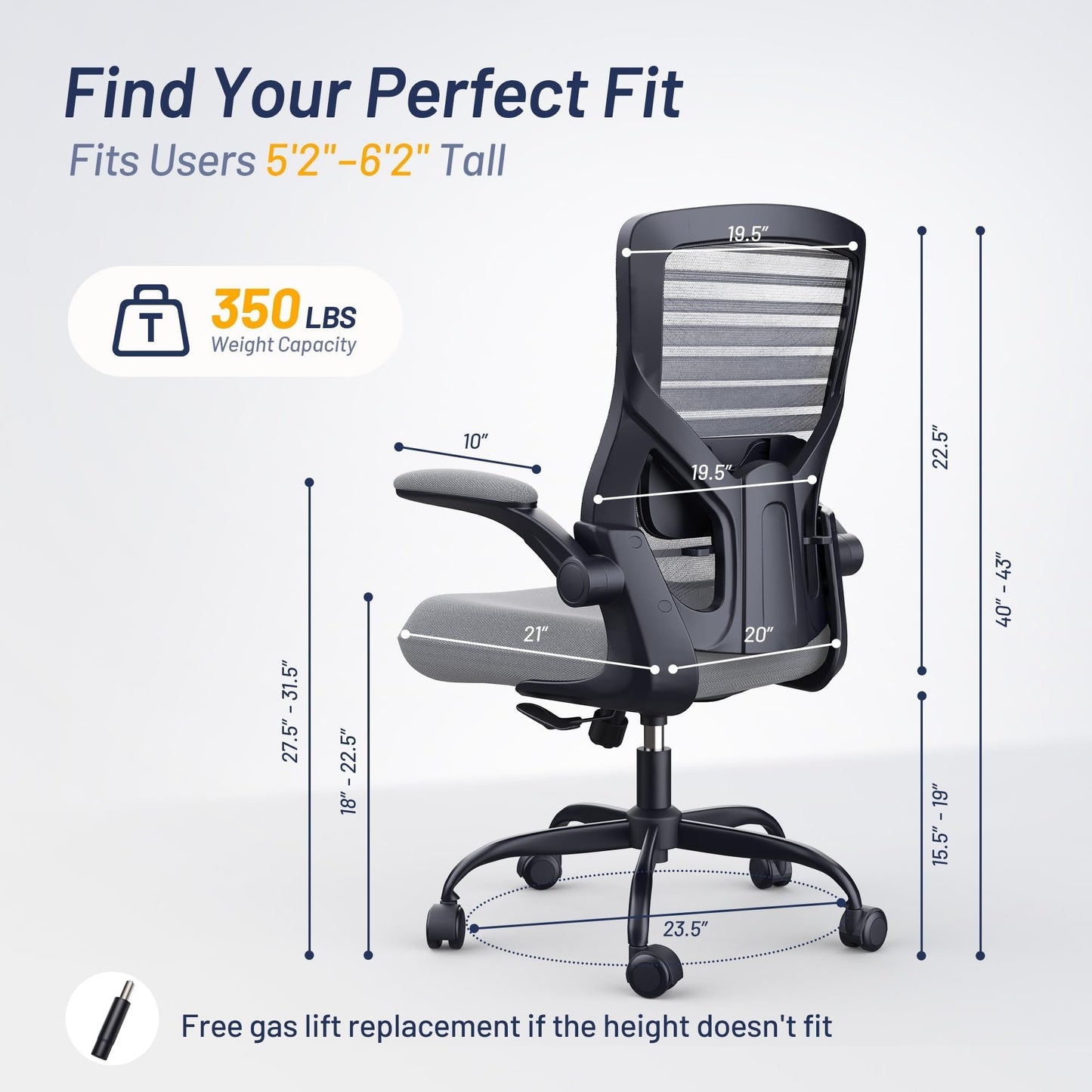 QLTPLUS Office Desk Chair for Long Hours & Back Pain Relief – 4“ Thick Molded Foam Cushion, Enhanced Lumbar Support, Padded Flip-up Armrests, Ideal for Office or Study, Dark Gray