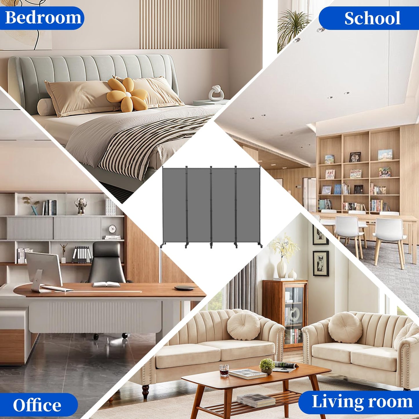 Room Divider 6FT Room Partition with Lockable Wheels, (Thicked Metal Base) Room Dividers, Freestanding Indoor Folding Privacy Screens, Portable Fabric Wall Divider for (Grey, 88"- 4 Panel)