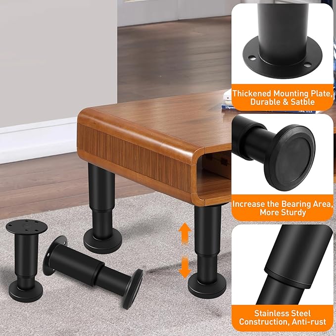 4 PCS Adjustable Round Furniture Legs 7-12.2 inch, Adjustable Height Metal