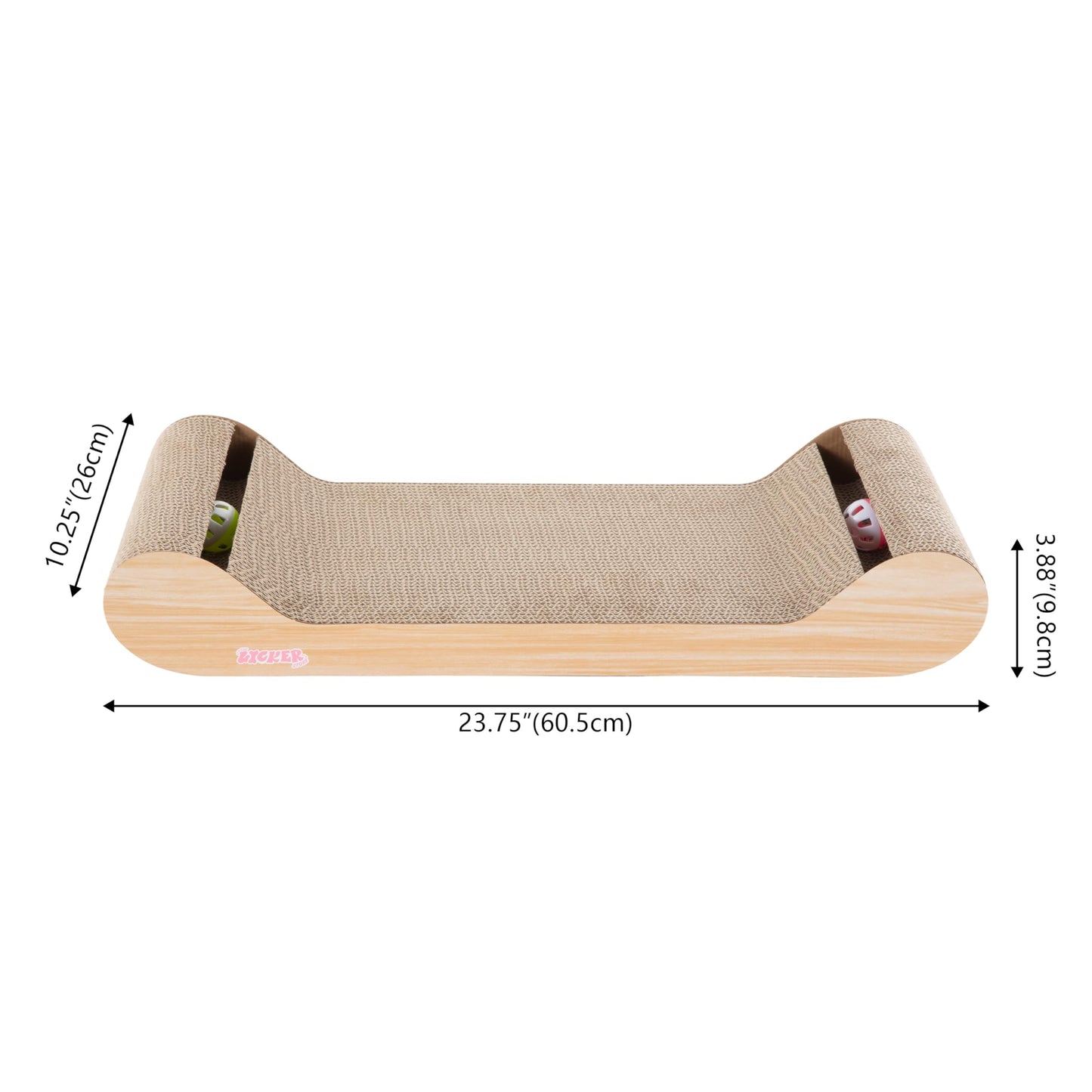 THE LICKER Store Rini 23.75" Modern Cardboard Cat Scratcher Lounge Bed with Built-in Bell Toys and Catnip, Ergonomic Curved Sofa Design, Oak Wood Finish CSR1003C