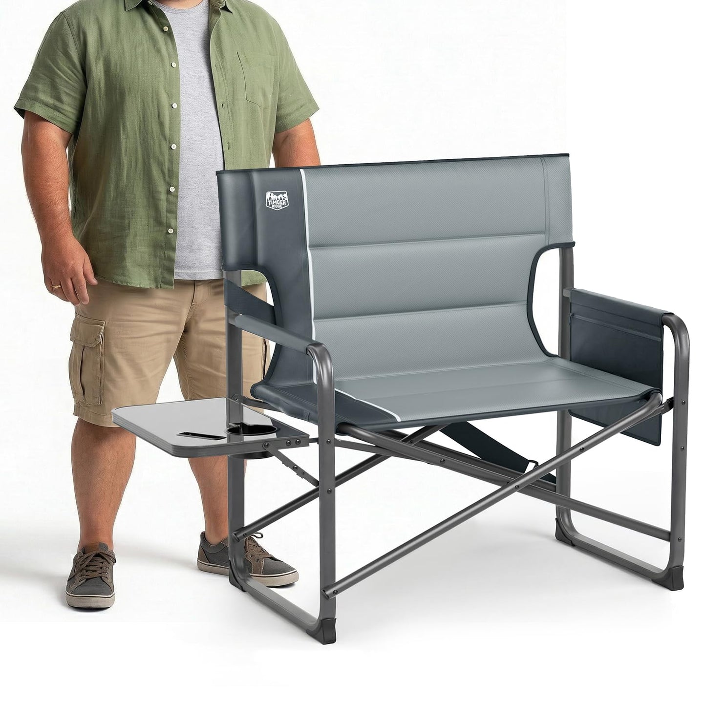 Timber Ridge XXL Director’s Chair – Heavy Duty Folding Camping Chair for Adults, 500lb Capacity, Extra Wide Padded Seat for Camping, Sports, Lawn, Courtyard, and Outdoor Use, Grey