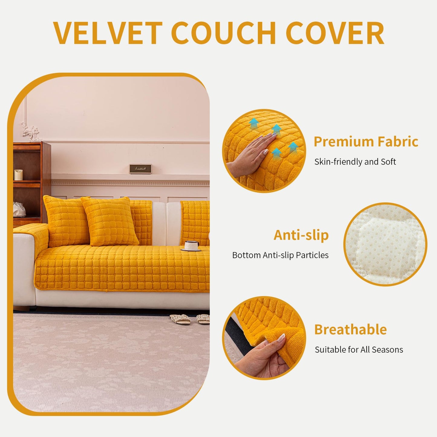 MDSASFD Velvet Couch Cover, Plush Sectional Sofa Cover Washable, Anti Slip Sofa Slipcover for 3-4 Cushions Sofas, Furniture Protector Covers for Pets & Kids(1PC,Mustard Yellow,36"×94")