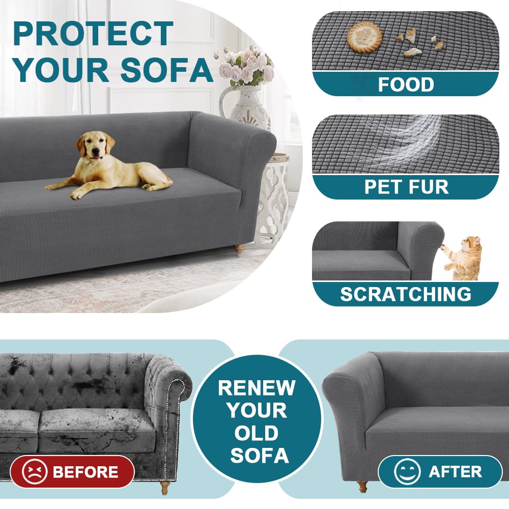 Turquoize Stretch Chesterfield Sofa Covers for Living Room Soft Sofa Couch Covers for 3 Cushion Couch Non-Slip Sofa Slipcover for Dogs Pet Furniture Protector Feature Jacquard Fabric (Sofa, Grey)