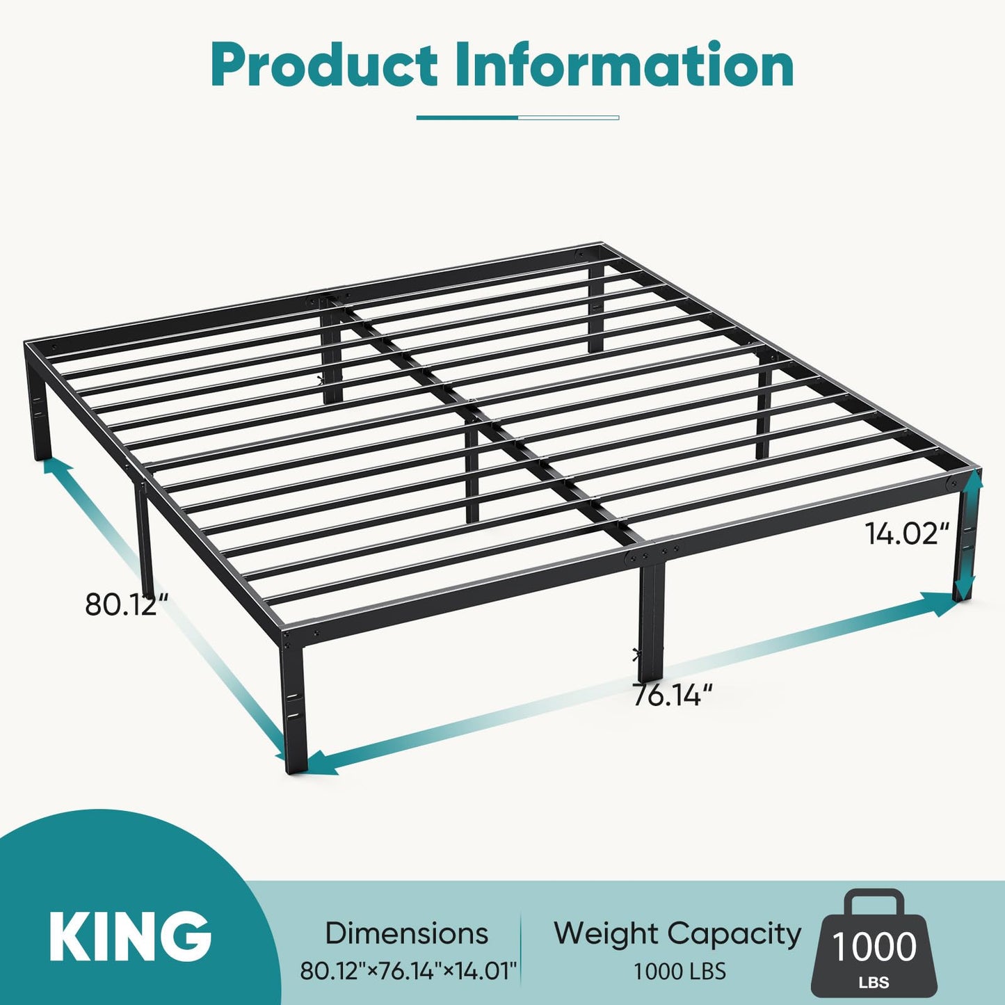 Sweetcrispy King Bed Frame - Heavy Duty No Box Spring Needed Metal Platform Bedroom Frames with Storage Space, 14 Inches High, Sturdy Steel Slat Support, Black
