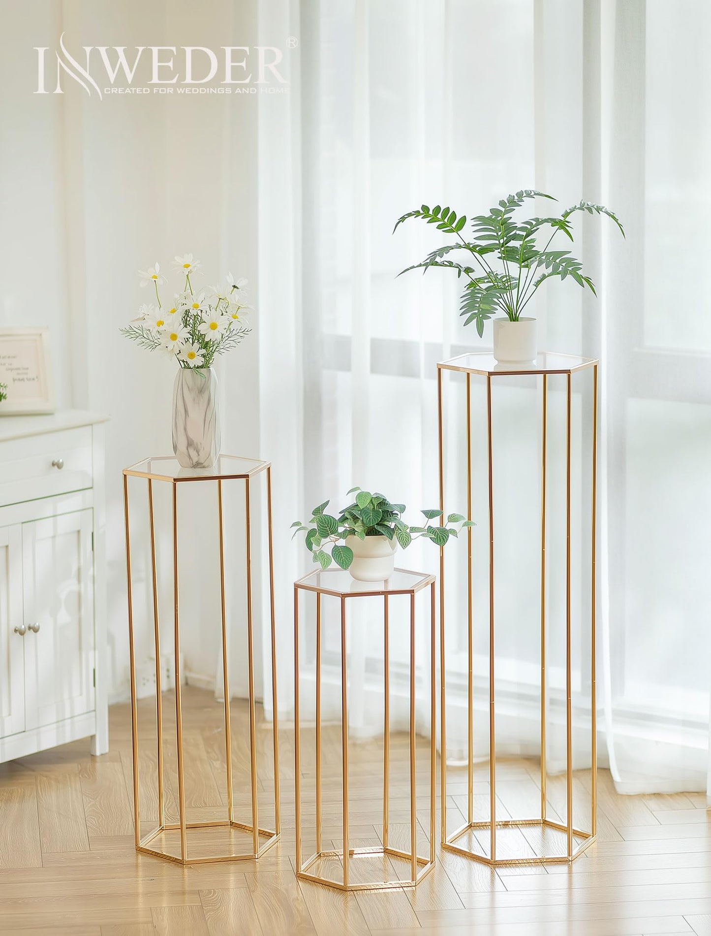 Inweder Cylinder Pedestal Stands for Party: Three-Piece Gold Hexagon - 23.6"/29.5"/35.4" Tall Gold Stand for Party - Cylinder Wedding Table for Outdoor Indoor Party