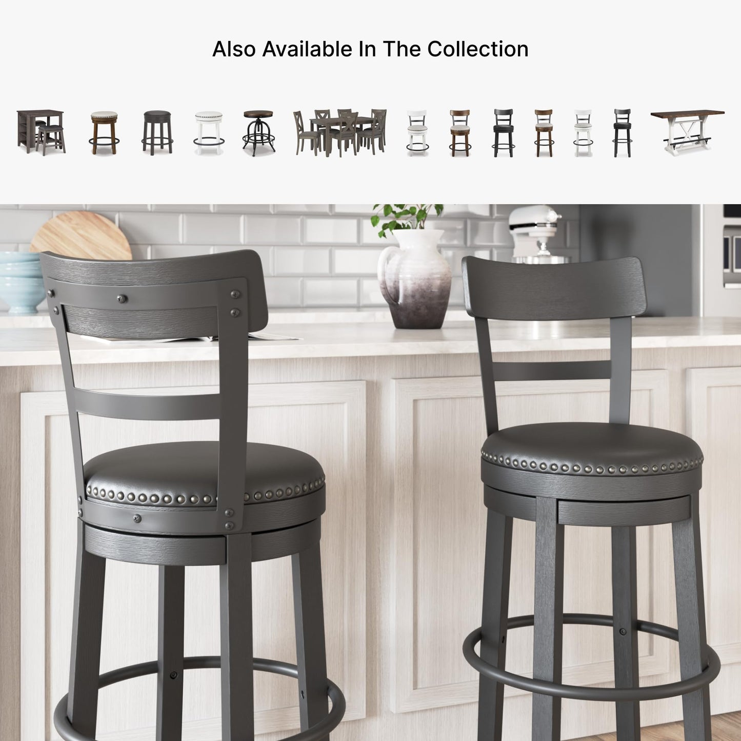 Signature Design by Ashley Valebeck Faux Leather Upholstered Swivel Barstool, Nailhead Trim, Solid Wood, 16.75" W x 19.75" D x 37.25" H, Antique Black