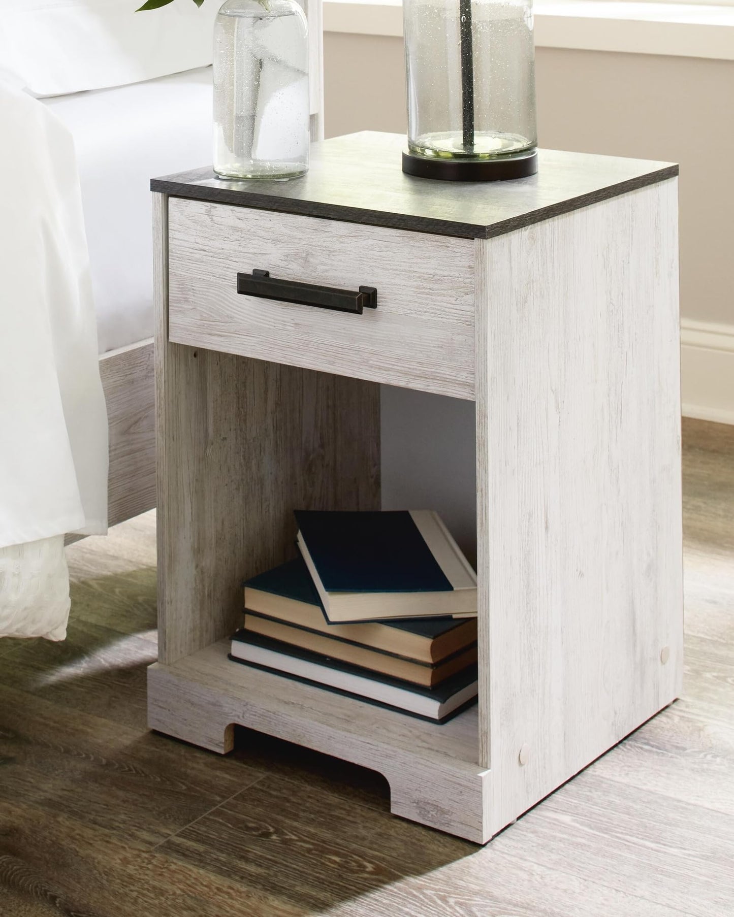 Signature Design by Ashley Shawburn Farmhouse 1 Drawer Night Stand, White & Gray