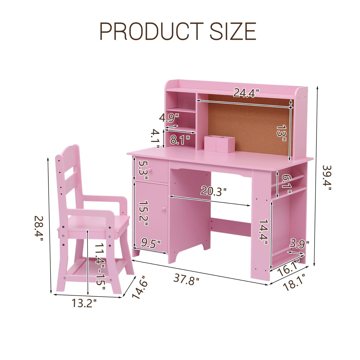 Kids Desk and Chair Set, Study Desk and Chair Set,Wooden Study Desk with Bookshelf, Bulletin Board, Cabinet & Drawer,Pink Children’s Writing Table