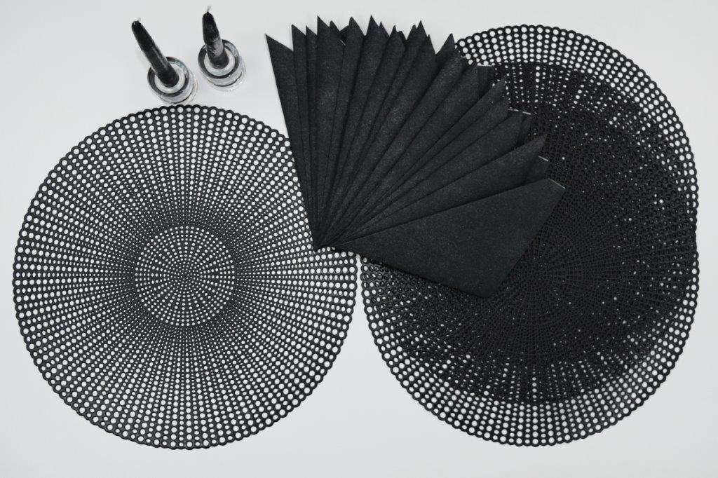 16" Round Placemats (Set of 4), 12 Prefolded 3 ply Napkins, 2 Matching Taper Candles, 2 Glass Candle Holders (Black)
