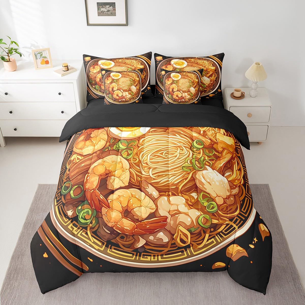 Erosebridal Ramen Noodle Queen Bedding Set 7 Piece,Japanese Ramen Bed Set Funny Gifts for Kids Teens Adults,Anime Style Comforter Set Food Themed Bed in a Bag with Fitted+Flat Sheet,Pillowcases