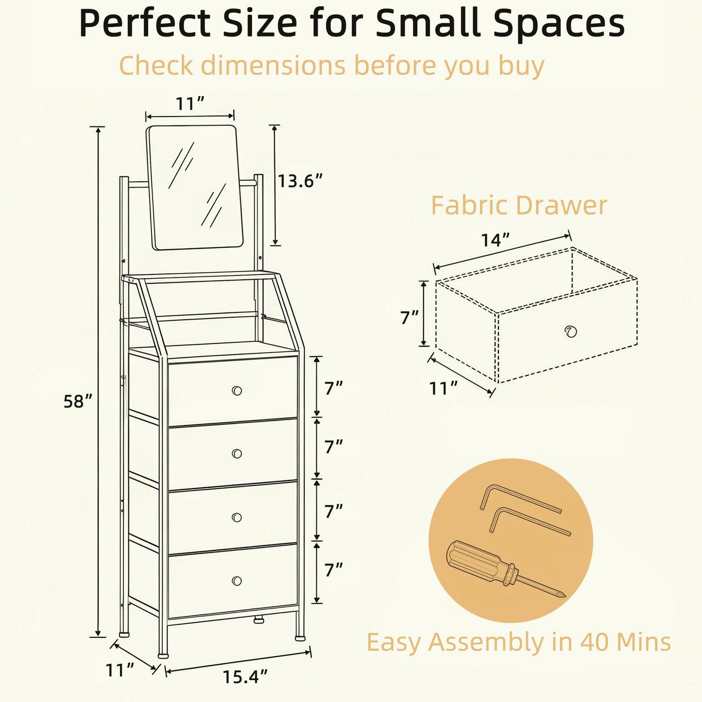 HIGDBFE 4-Drawer Dresser with Mirror, Vanity with 2-Tier Shelves, Fabric Chest of Drawers for Small Space, Vertical Storage Cabinet for Bedroom, Nightstand Bedside Table Furniture, White, 15.3" W