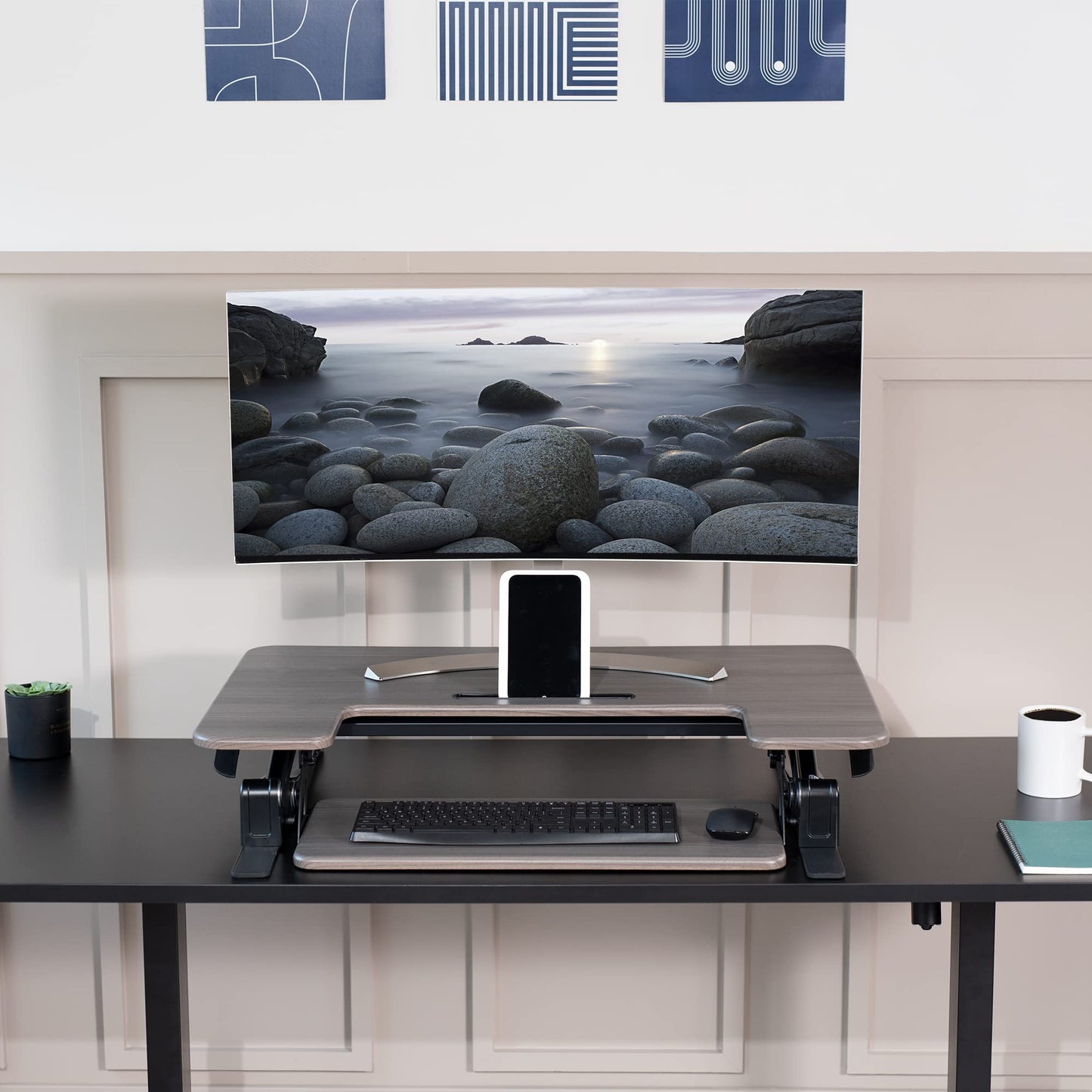VIVO 36 inch Height Adjustable Stand Up Desk Converter, V Series, Quick Sit to Stand Tabletop Dual Monitor Riser Workstation, Gray Top, Black Frame, DESK-V000VG