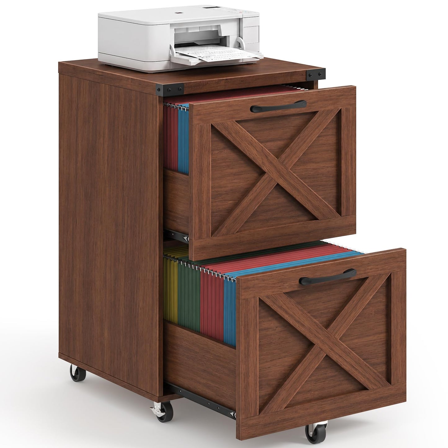 Halitaa 2 Drawer Small File Cabinet with Wheels, Farmhouse Vertical Filing Cabinet Fits A4/Letter Size, Under Desk Rolling File Cabinets for Home Office, Wooden Printer Stand, Walnut