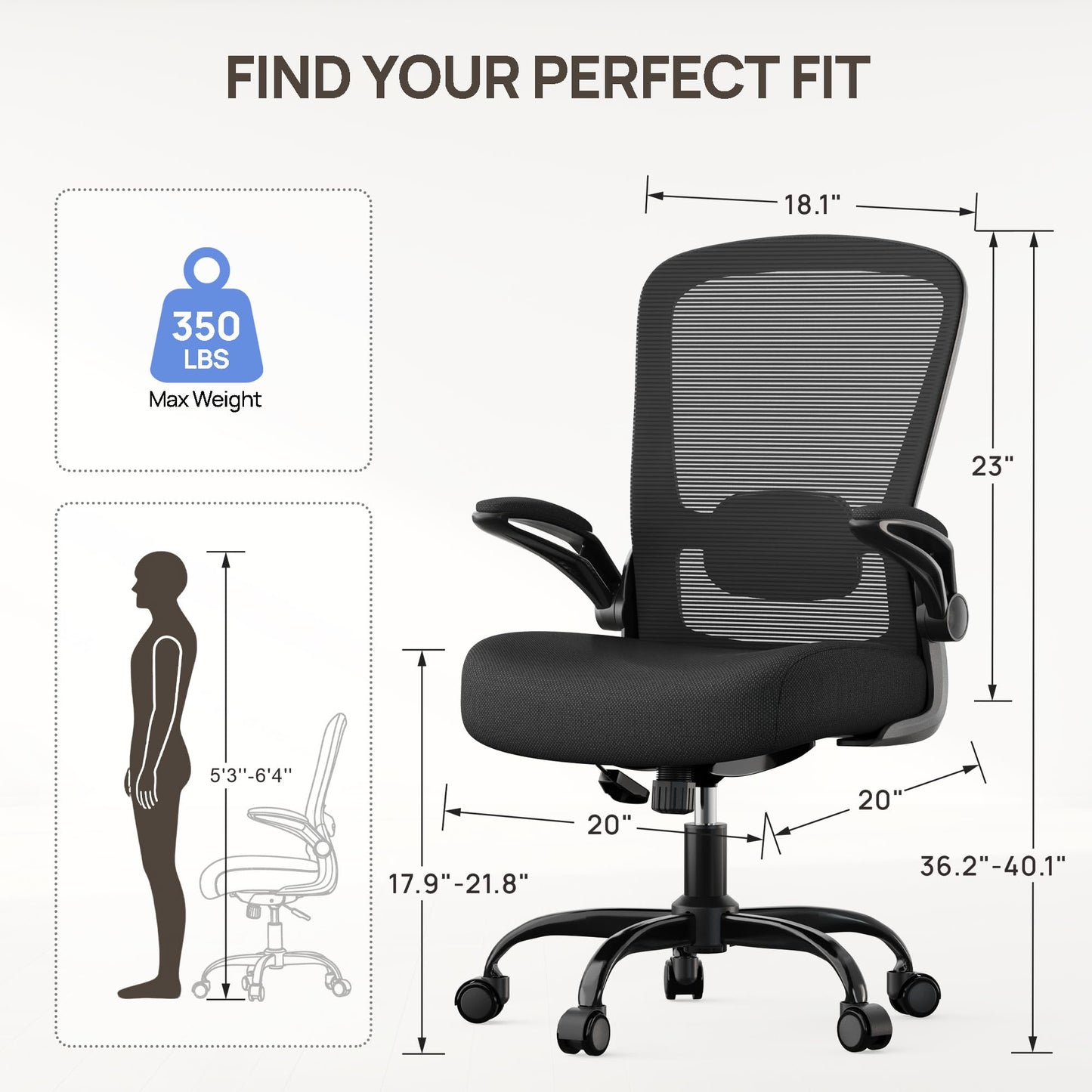 Mimoglad Ergonomic Office Chair - Desk Chair with Flip-up Armrests & 135° Recline, Adjustable Lumbar Support - Space-Saving Task Chair for Business/Team Office & Home (Black, 350lbs)