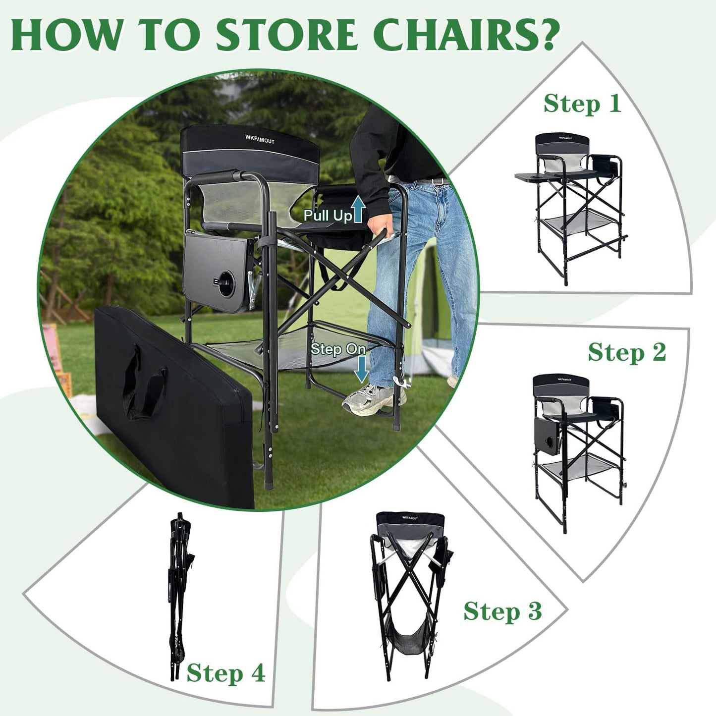 WKFAMOUT Tall Folding Director Chair 30.7" Seat Height Foldable Bar Stool for Makeup Artist Face Painting with Side Table Carry Bag and Cosmetic Bag Supports 250LBS