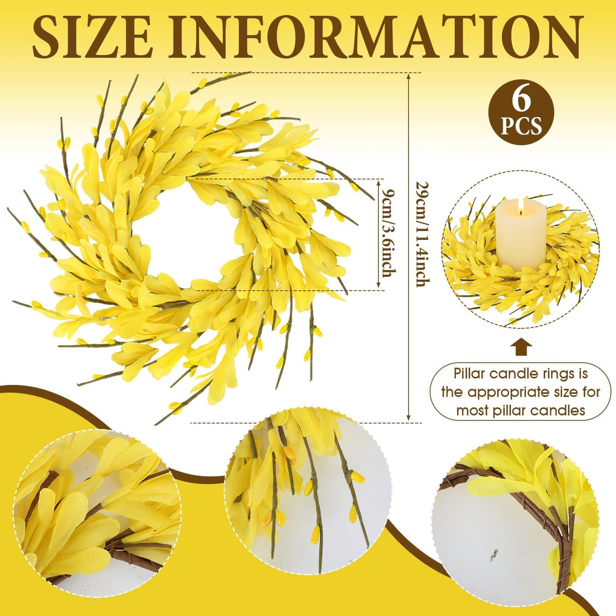 6 PCS Spring Forsythia Wreath Candle Rings Artificial Forsythia Farmhouse Candle Rings Pillar Holder Wreath Mini Spring Summer Floral Candle Rings for Rustic Wedding Home Table Centerpiece Decor