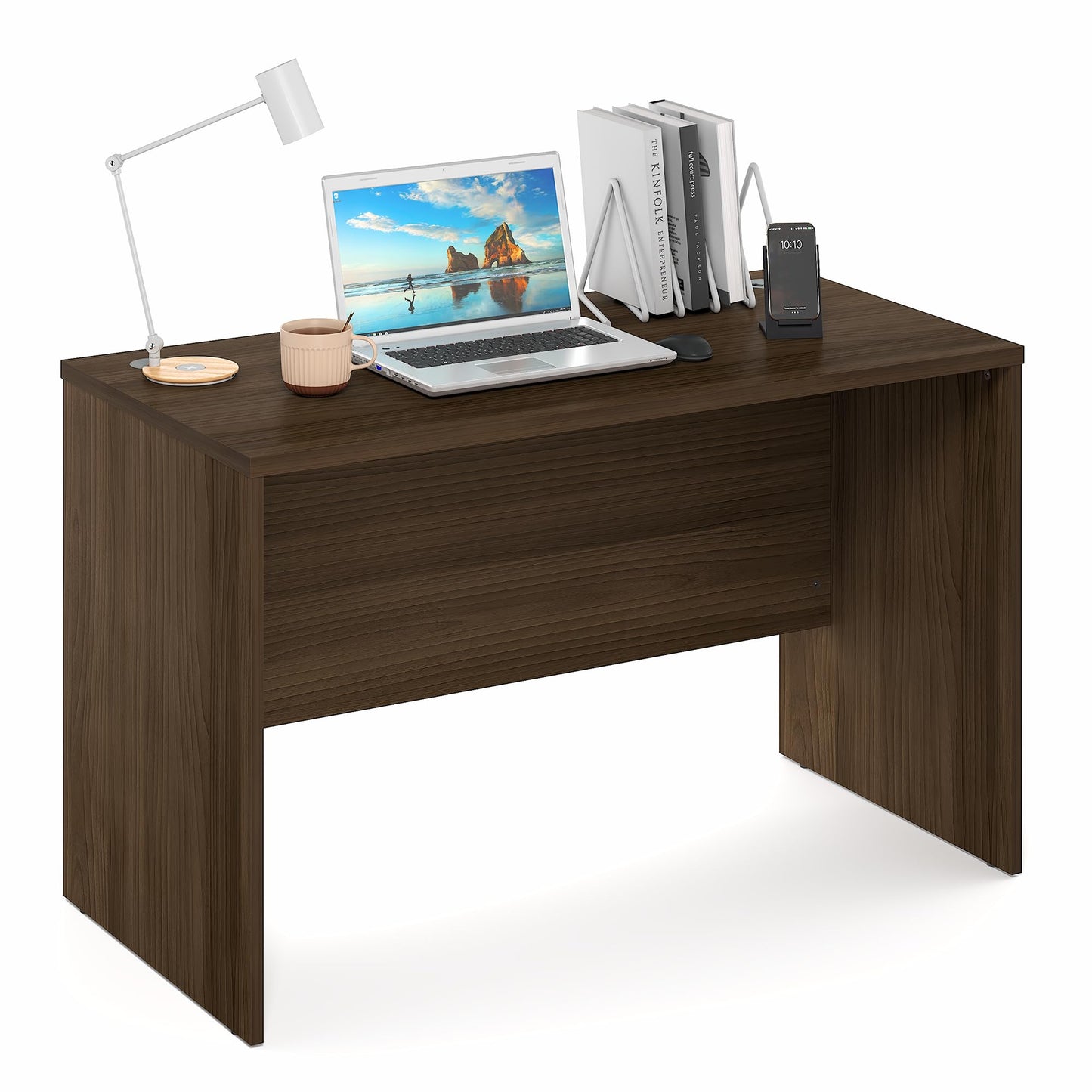 Furinno Roger Computer Desk, 47 Inch Rectangular Executive Desk with Modesty Panel, Home Office Desk with Thick Tabletop, Desk Cord Grommet, Scratchproof, for Home Study, Office, Modern Walnut