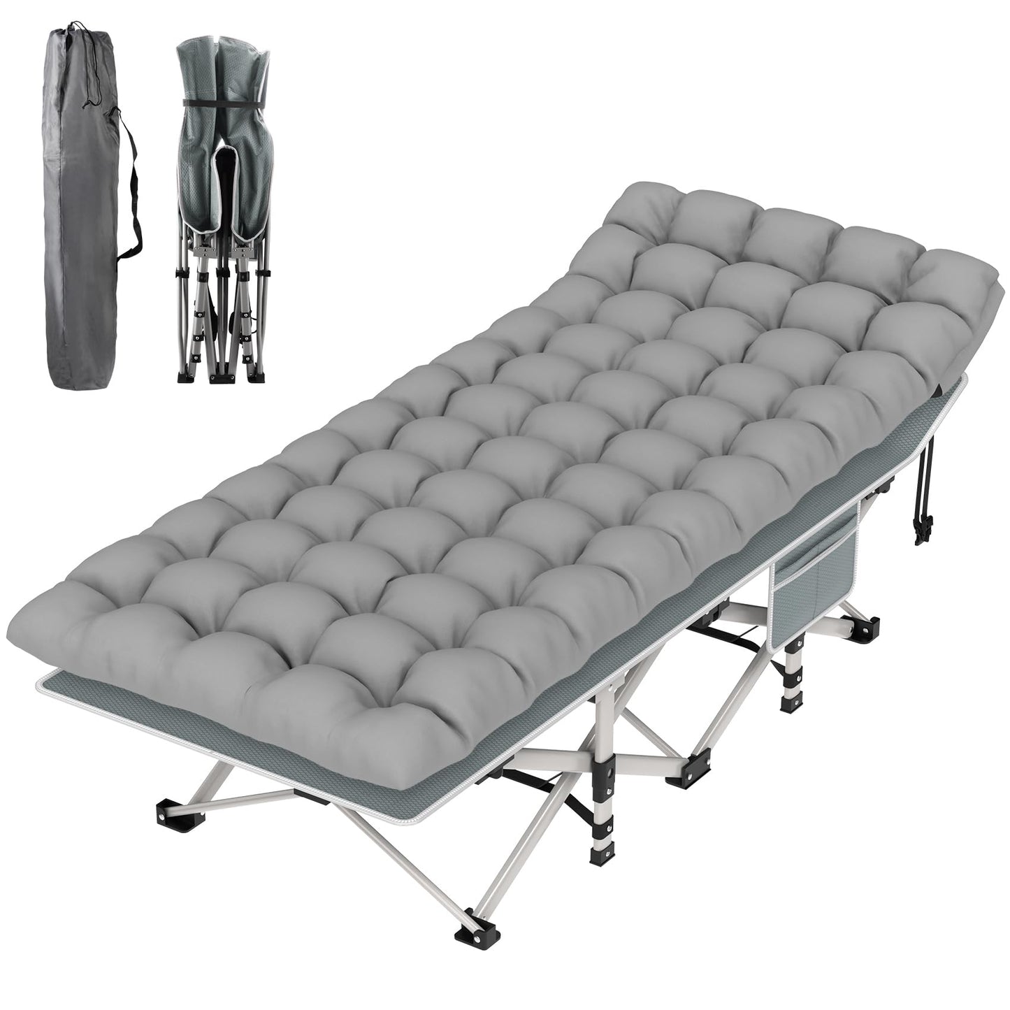 Suteck Camping Cot, Folding Camping Cot Bed for Adults Sleeping 1200D Double Layer Oxford Portable Folding Outdoor Cots for Camping W/Soft Pad Carry Bag for Home Office Nap Beach Travel, 500LBS,Grey