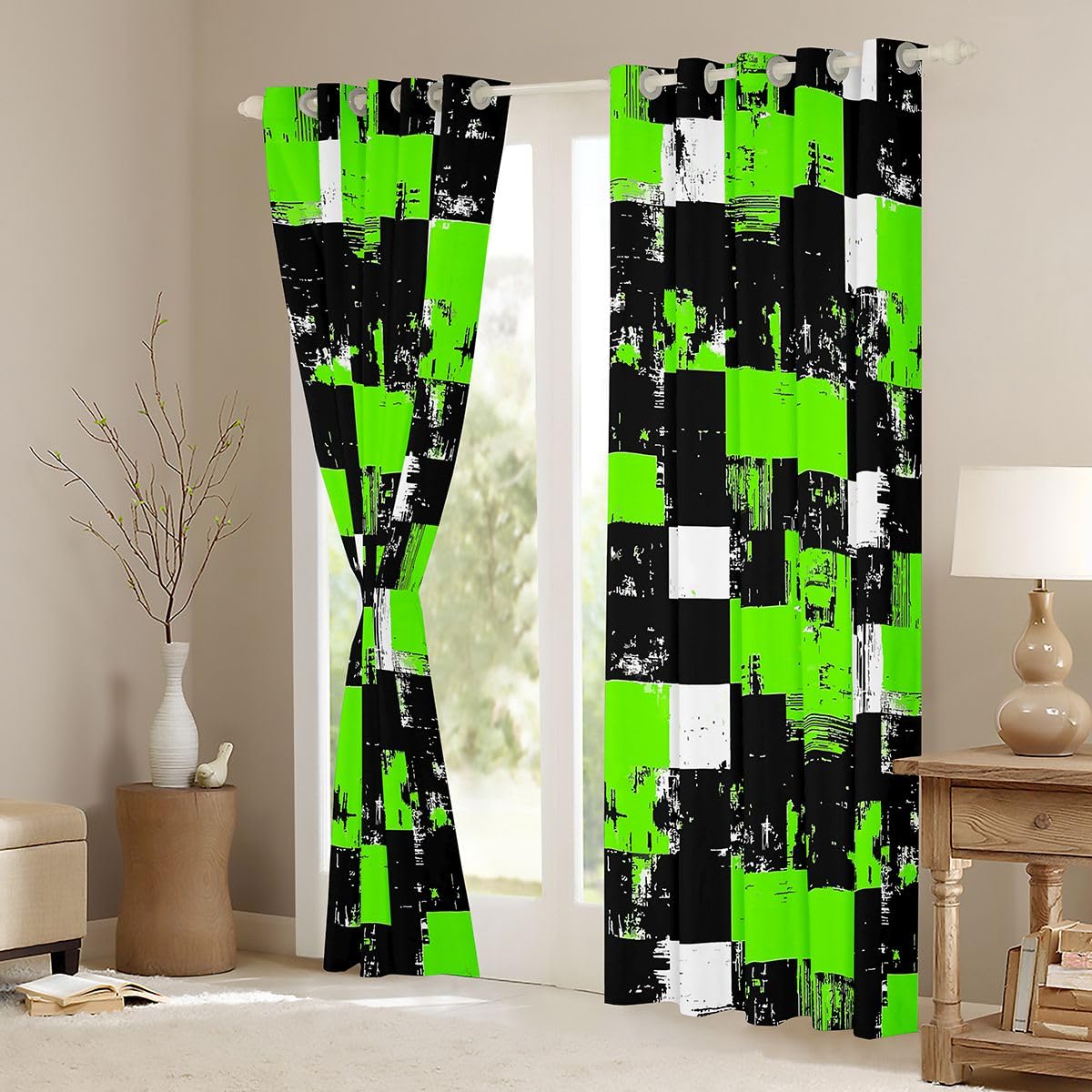 Feelyou Abstract Blackout Curtains Green Black White Darkening Drapes for Bedroom Room Decor Buffalo Check Plaid Thermal Insulated Shades Geometric Window Treatments, 2 Panels 38 x 45 Inch